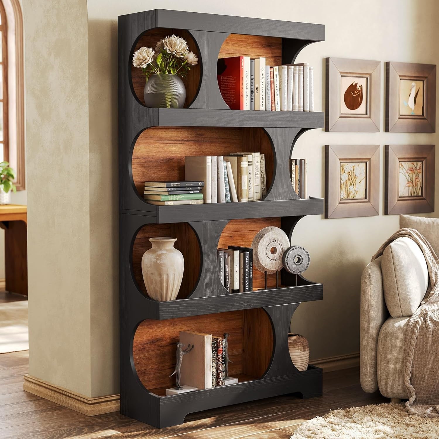 LITTLE TREE 4-Tier Large Bookshelf, 70.8-Inch Tall Bookcase with Storage Shelves, All Wooden Modern Display Rack, Black Open Book Shelf for Living Room, Bedroom, Office