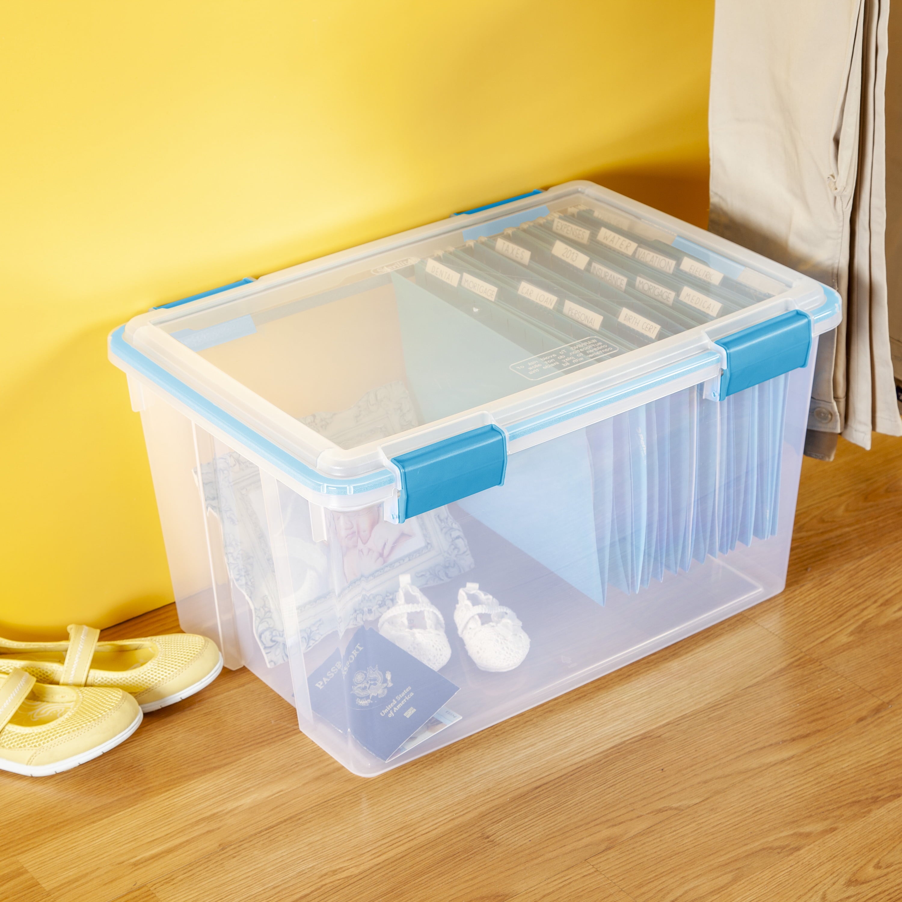 Sterilite 54 Quart Gasket Box, Weather Resistant Clear Storage Bin with Latch Lid, Blue