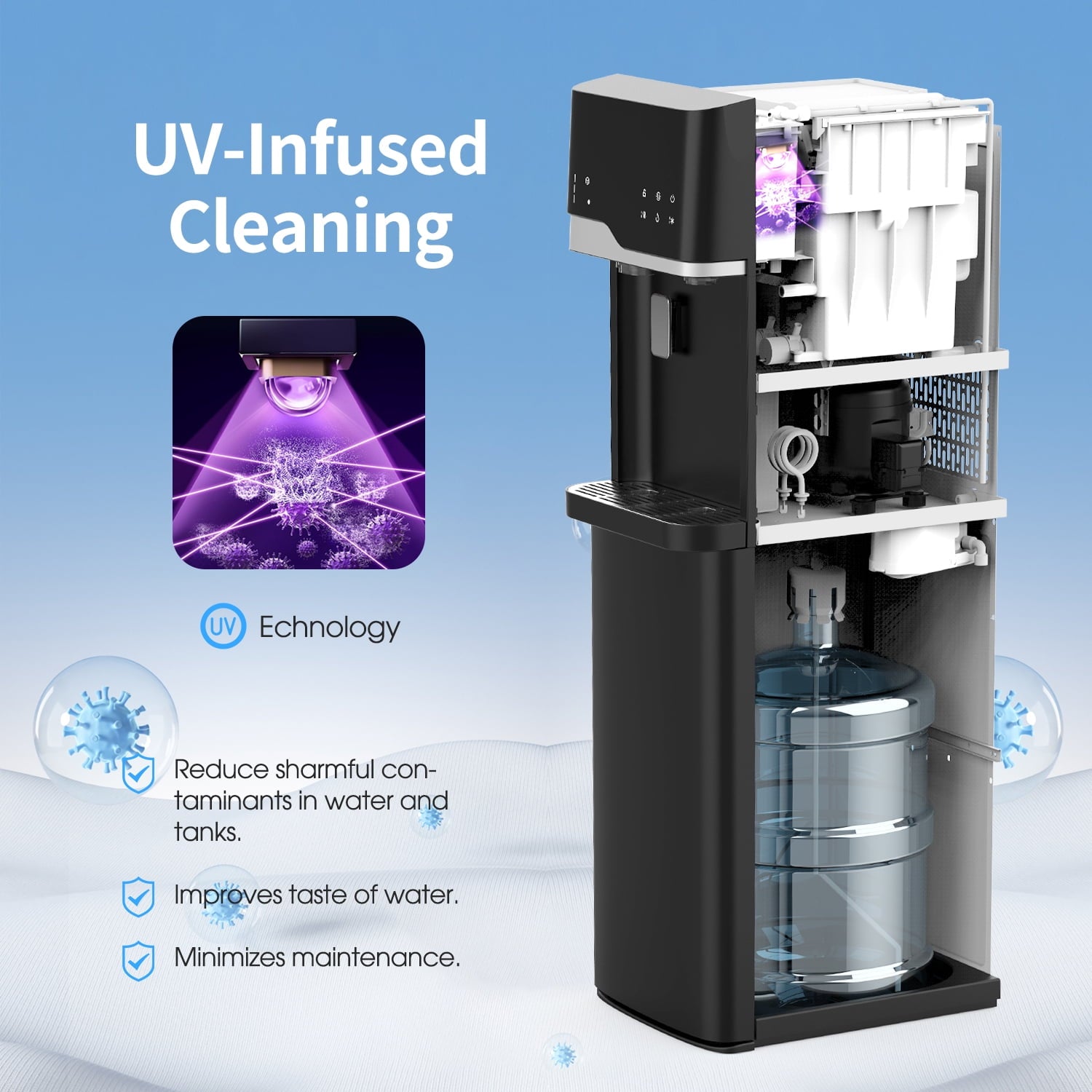 SOOPYK Self Cleaning 4 in 1 Water Cooler Dispenser with Ice Maker Bottom Load for 5 Gallon 3 Temperature Settings 22lbs Daily Capacity Black