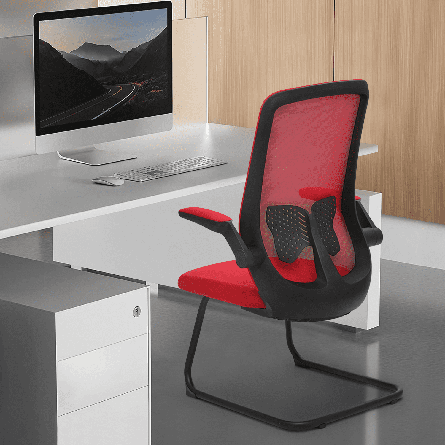 MoNiBloom Set of 2 Ergonomic Office Chair, Mesh Reception Seat with Lumbar Support & Flip-Up Arms for Waiting Room, Red