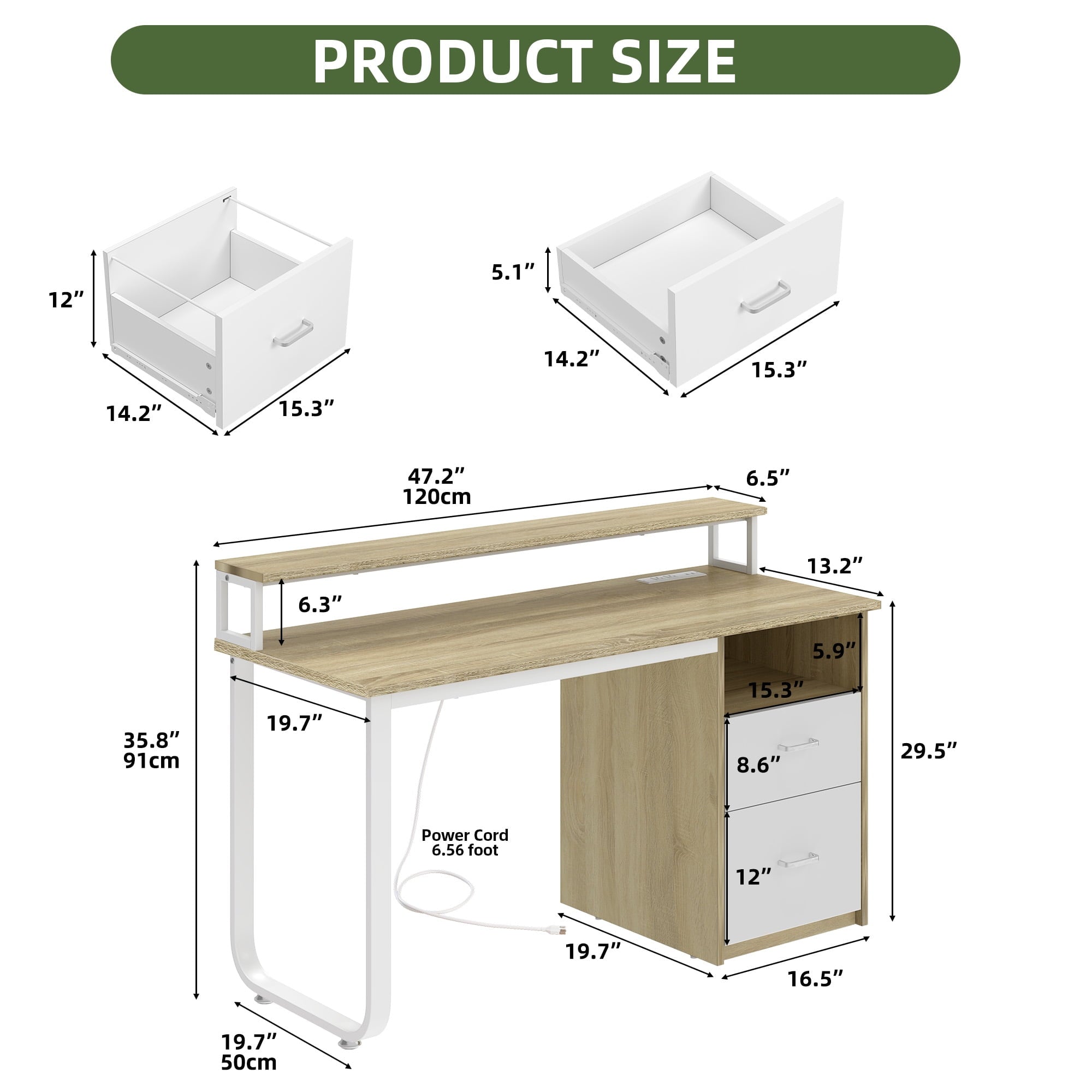 Uforic 47" Computer Desk with Storage Drawers & LED Light, Office Desk with Power Outlets, for Small Spaces, Oak
