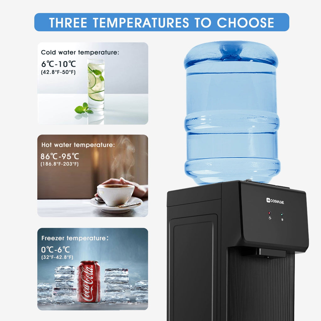 COSVALVE 5 Gallon Hot & Cold Top Loading Water Dispenser Cooler with Freezer Cabinet, Child Safety Lock