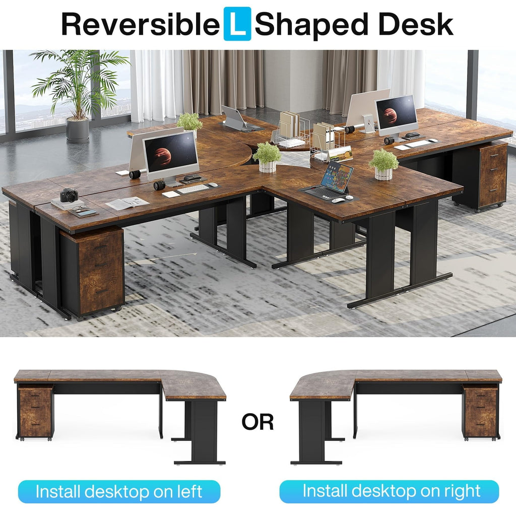 83" L-Shaped Executive Desk, Large L Office Desk with 3-Drawer Mobile File Cabinet, Business Furniture Desk Workstation Brown
