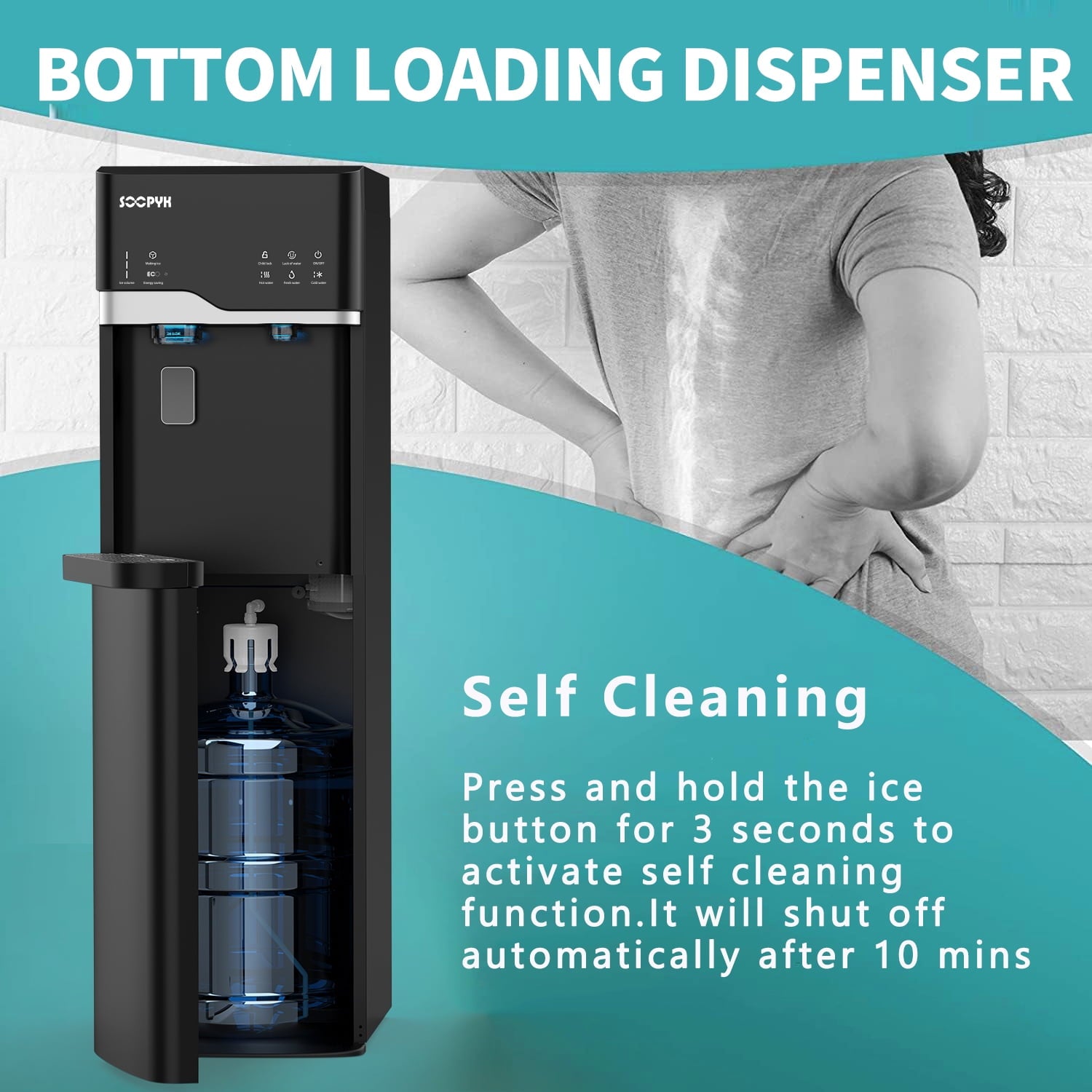 SOOPYK Self Cleaning 4 in 1 Water Cooler Dispenser with Ice Maker Bottom Load for 5 Gallon 3 Temperature Settings 22lbs Daily Capacity Black