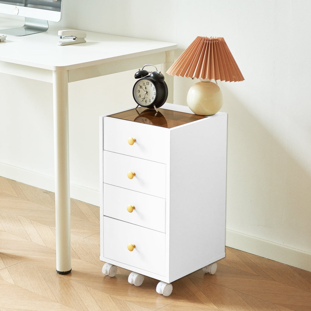 Cyehnenx Under Desk Storage, Chest of 4 Drawers Under the Desk, Home Office Storage Cabinet with Glass Top, Small Mobile Printer Stand with Lockable Wheels for Home Office Study, White