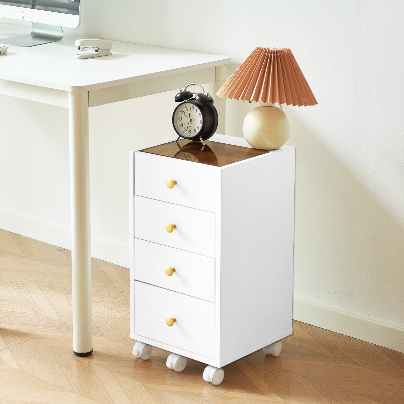 Cyehnenx Under Desk Storage, Chest of 4 Drawers Under the Desk, Home Office Storage Cabinet with Glass Top, Small Mobile Printer Stand with Lockable Wheels for Home Office Study, White