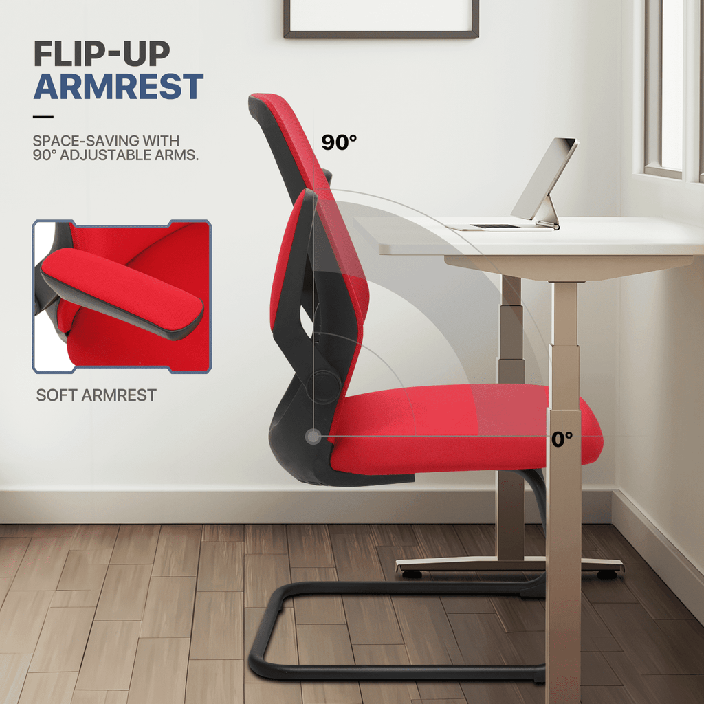 MoNiBloom Set of 2 Ergonomic Office Chair, Mesh Reception Seat with Lumbar Support & Flip-Up Arms for Waiting Room, Red