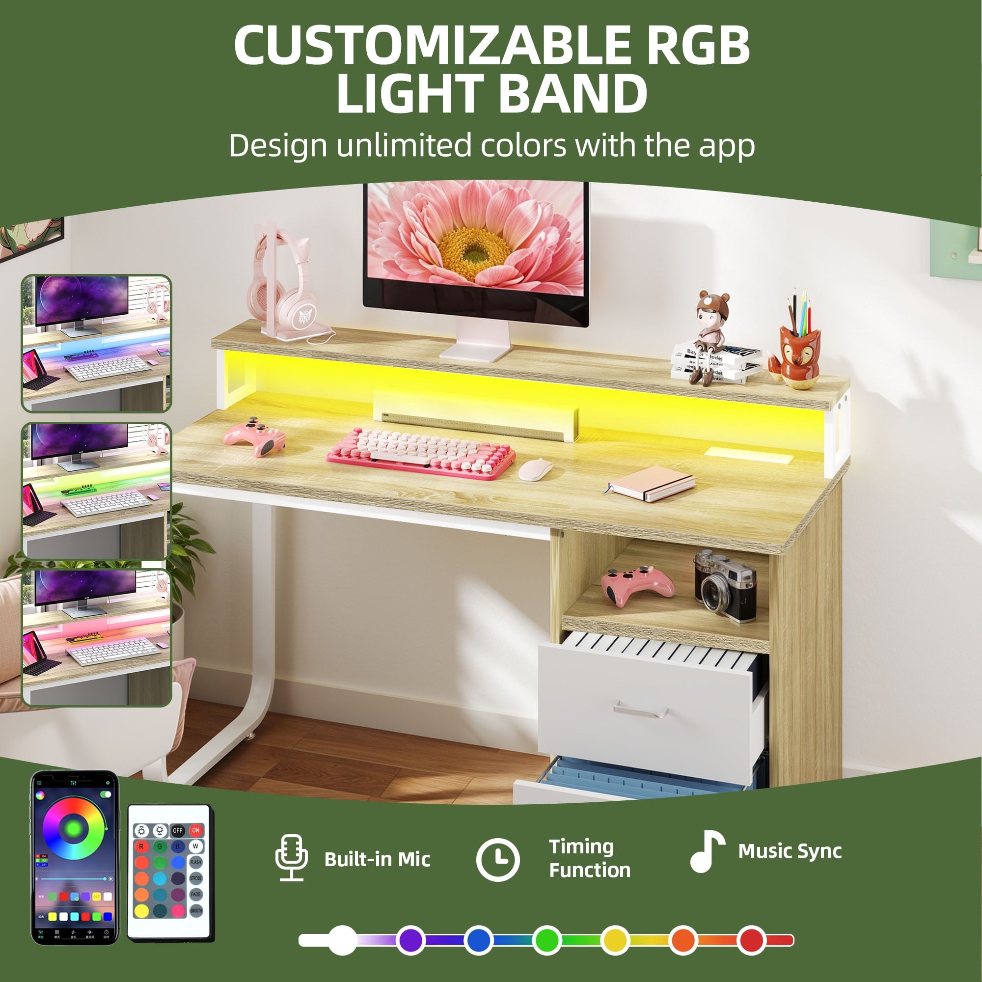 Uforic 47" Computer Desk with Storage Drawers & LED Light, Office Desk with Power Outlets, for Small Spaces, Oak