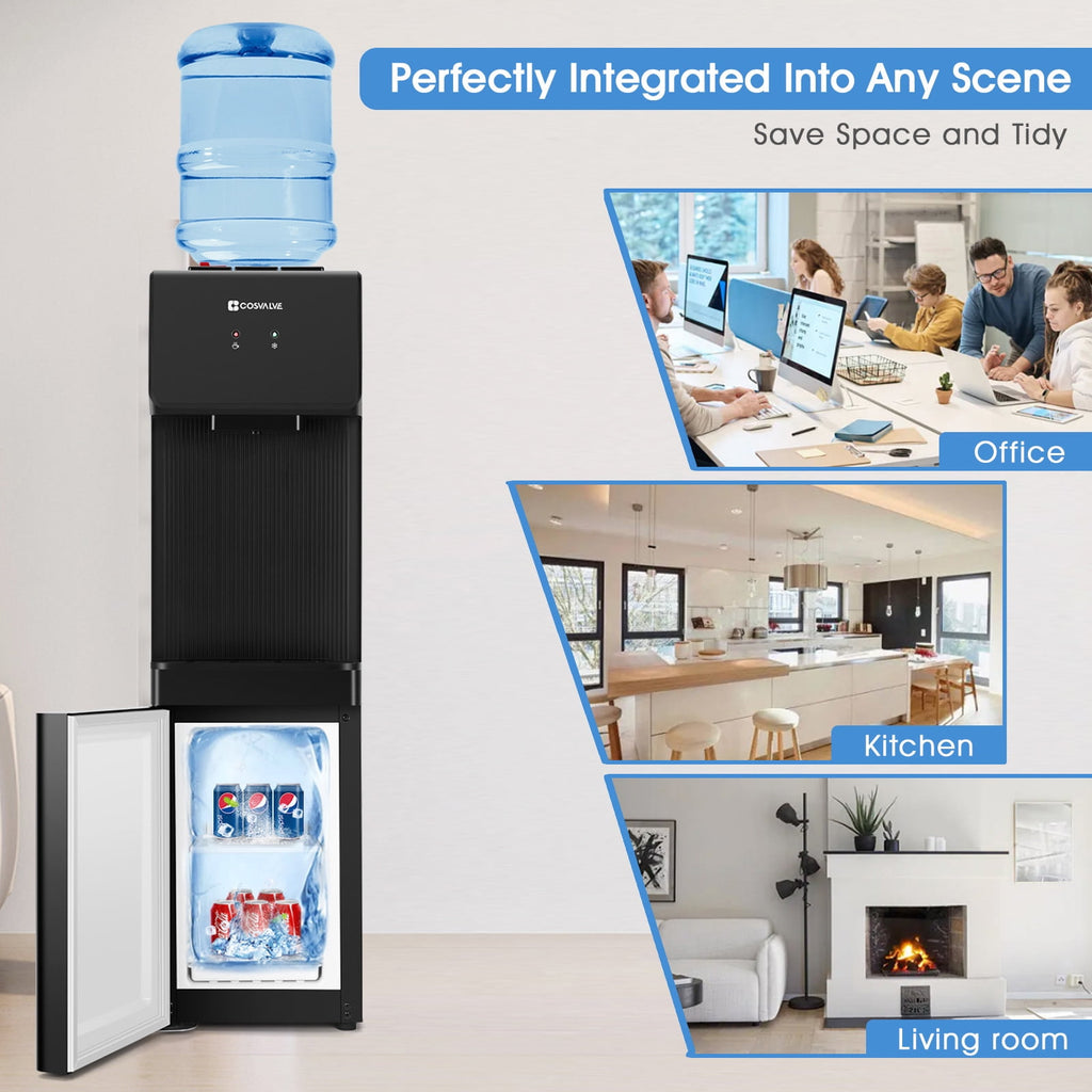 COSVALVE 5 Gallon Hot & Cold Top Loading Water Dispenser Cooler with Freezer Cabinet, Child Safety Lock