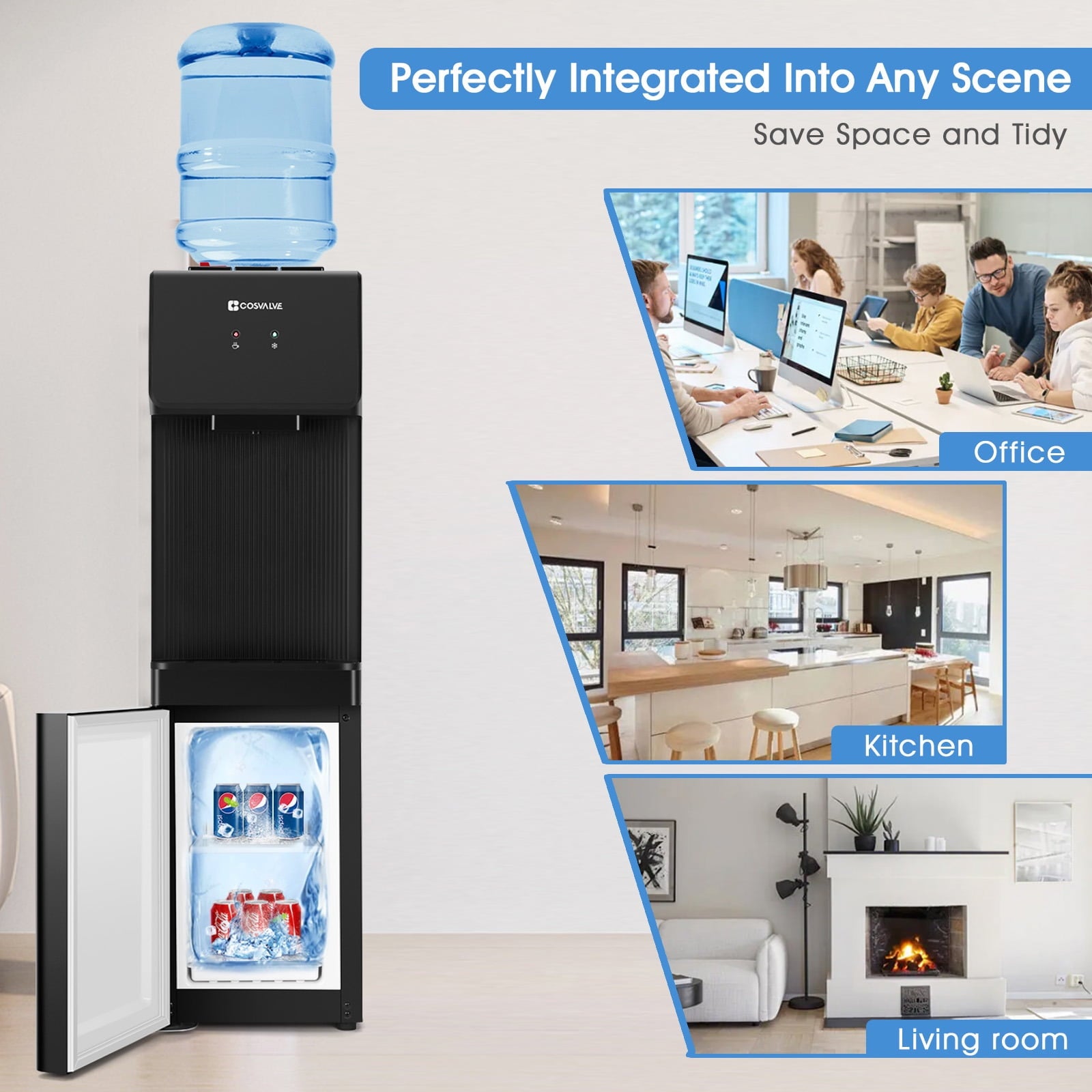 COSVALVE 5 Gallon Hot & Cold Top Loading Water Dispenser Cooler with Freezer Cabinet, Child Safety Lock