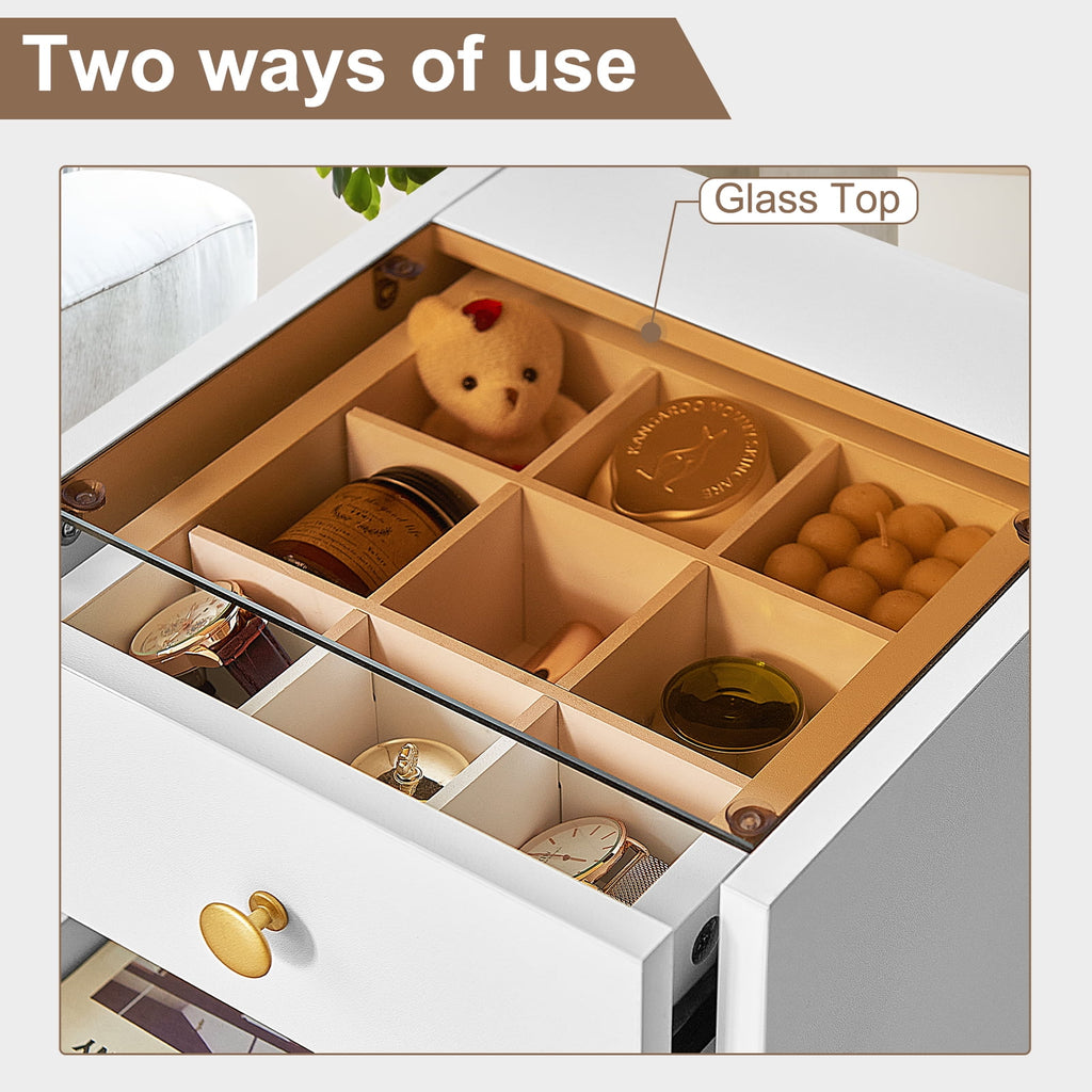 Cyehnenx Under Desk Storage, Chest of 4 Drawers Under the Desk, Home Office Storage Cabinet with Glass Top, Small Mobile Printer Stand with Lockable Wheels for Home Office Study, White