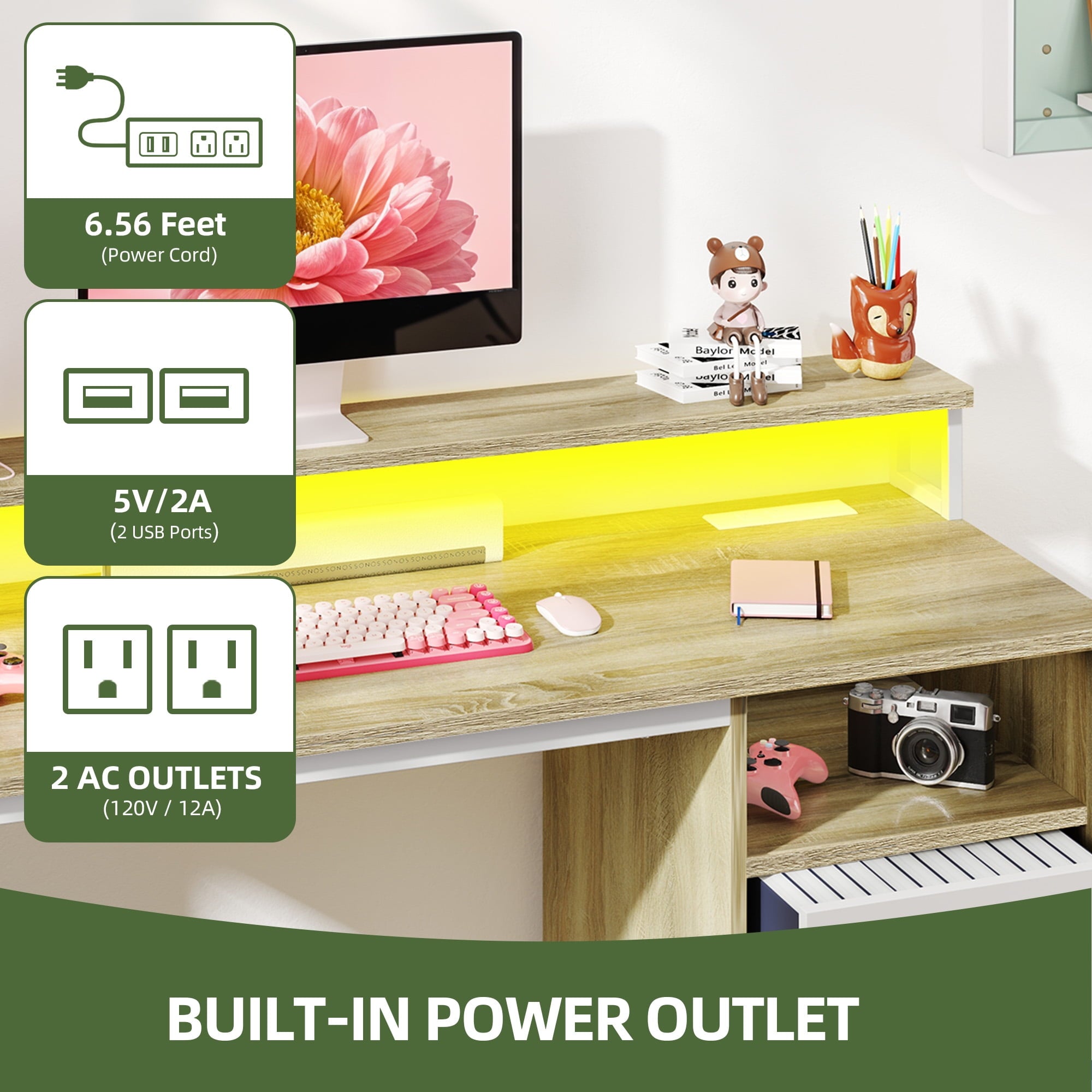Uforic 47" Computer Desk with Storage Drawers & LED Light, Office Desk with Power Outlets, for Small Spaces, Oak