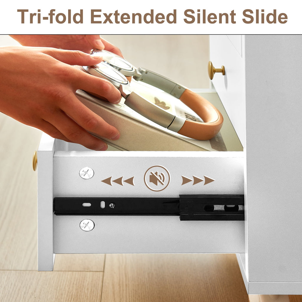 Cyehnenx Under Desk Storage, Chest of 4 Drawers Under the Desk, Home Office Storage Cabinet with Glass Top, Small Mobile Printer Stand with Lockable Wheels for Home Office Study, White