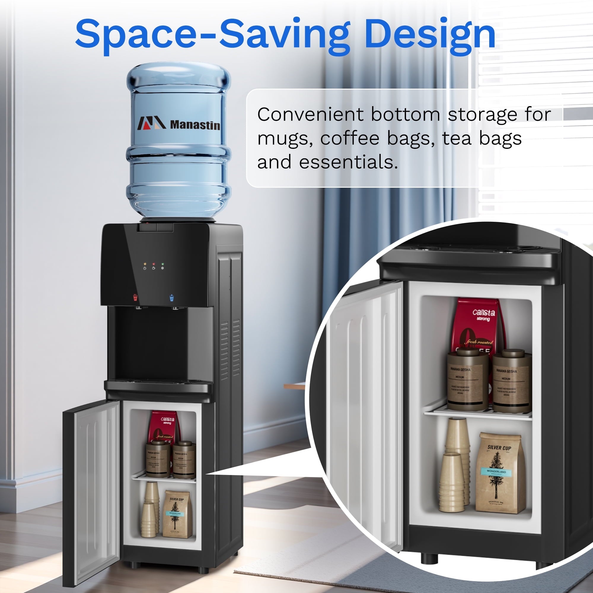 Manastin Top Loading Double Temperature Water Dispenser for 3 or 5 Gallon Bottles, Safety Lock, Detachable Water Tray, Stylish Black