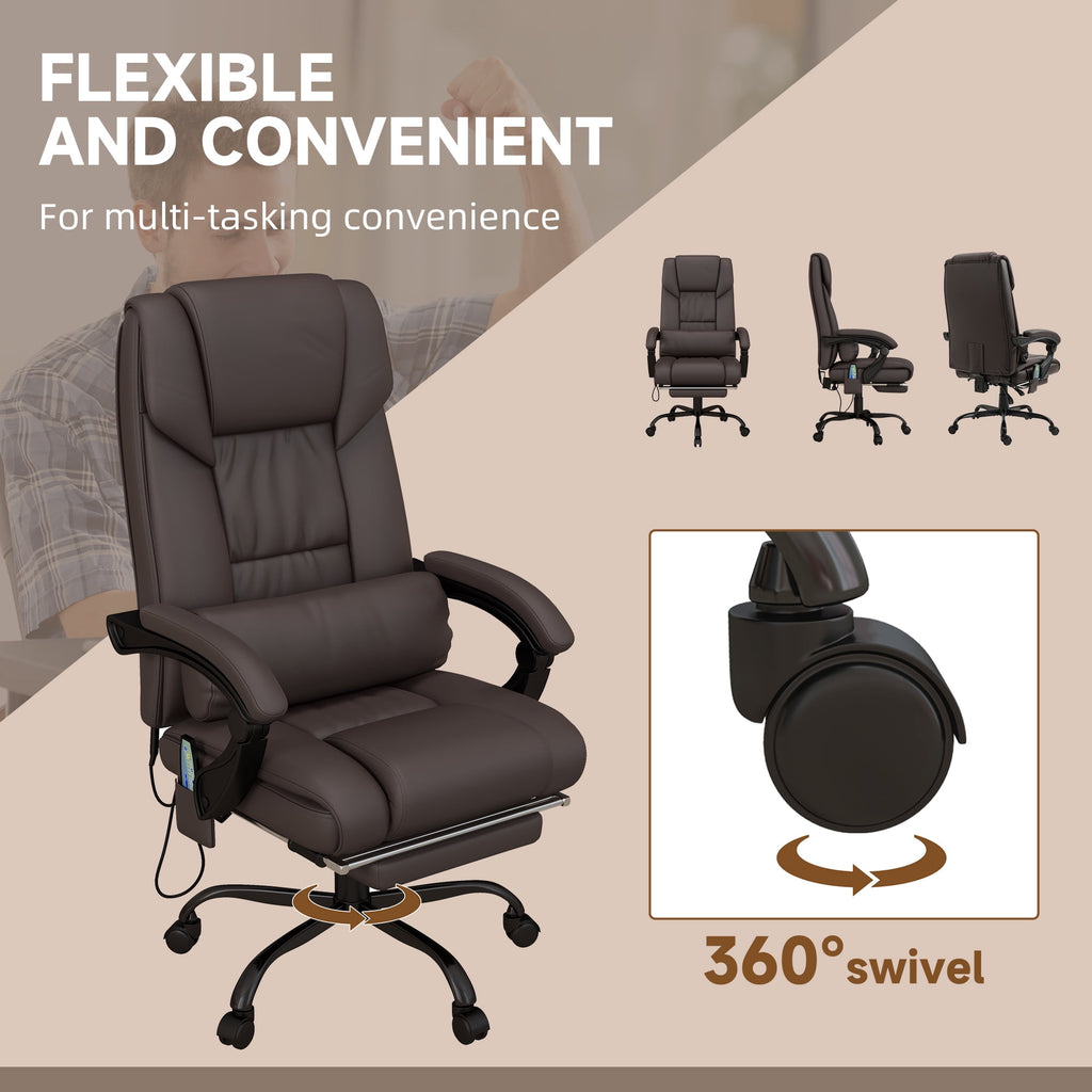 Vinsetto High Back Massage Office Chair with 6 Vibration Points, PU Leather Reclining Computer Chair, Ergonomic Desk Chair with Footrest Adjustable Height and Remote, Brown