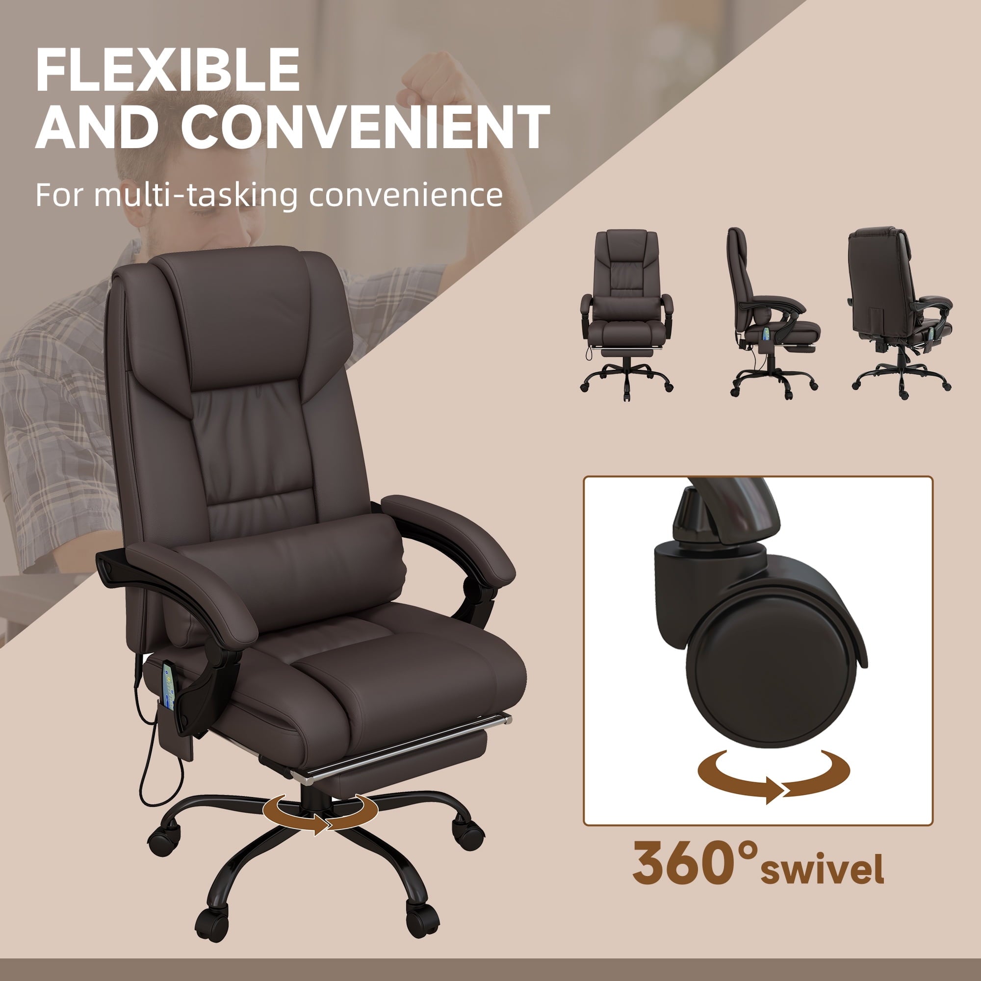 Vinsetto High Back Massage Office Chair with 6 Vibration Points, PU Leather Reclining Computer Chair, Ergonomic Desk Chair with Footrest Adjustable Height and Remote, Brown