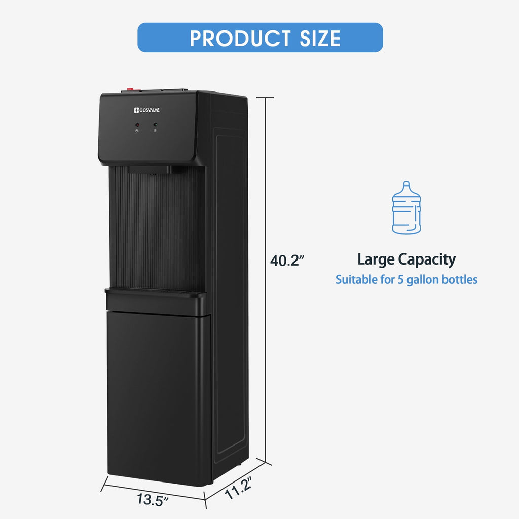 COSVALVE 5 Gallon Hot & Cold Top Loading Water Dispenser Cooler with Freezer Cabinet, Child Safety Lock