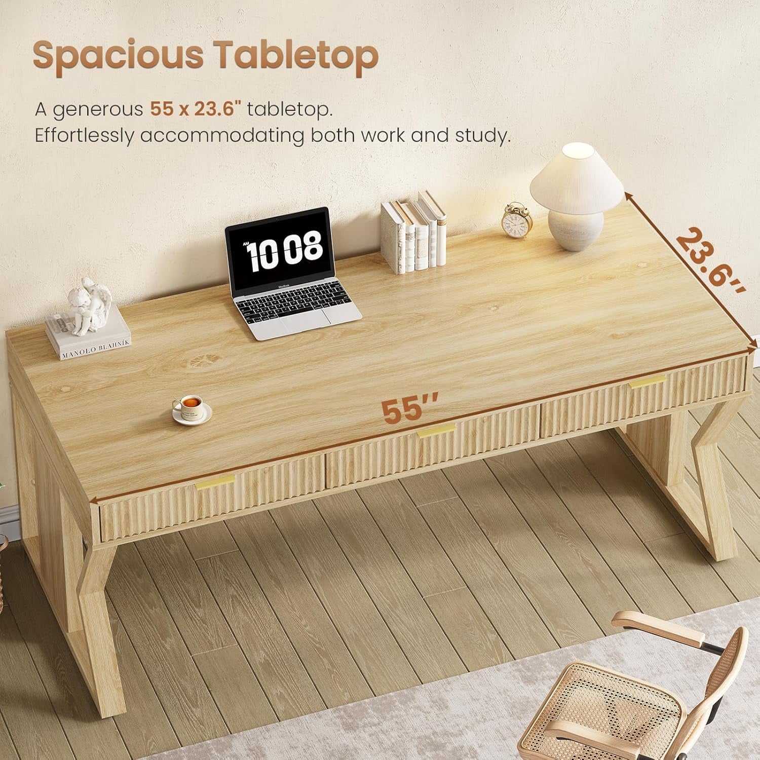 55" Modern Office Desk with 3 Drawers, Executive Computer Desk with Storage for Home Office, Large Workstation, Writing Desk Study Table Vanity Table for Bedroom, Sturdy and Durable, Natural Oak