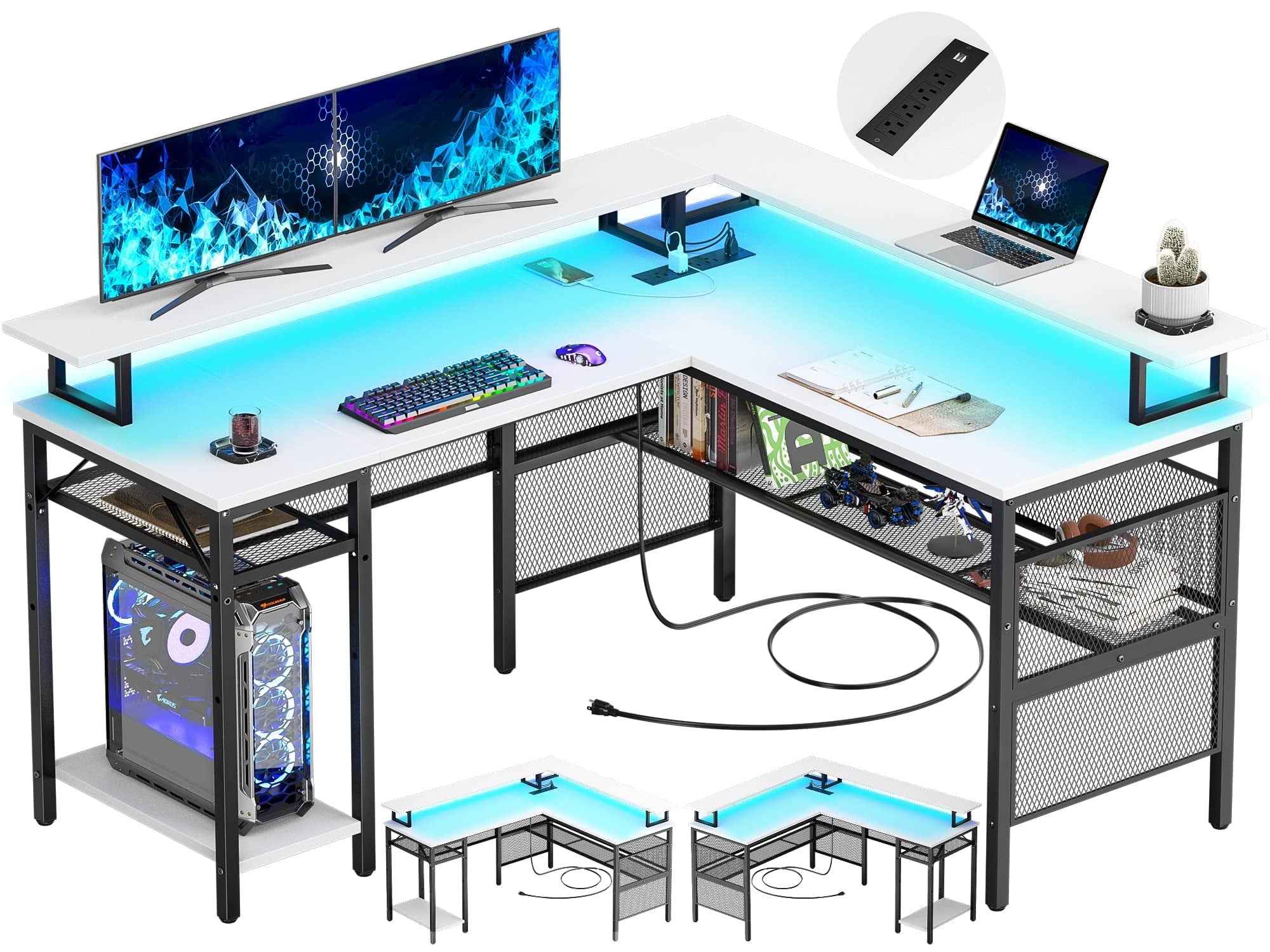 Aheaplus Reversible L Shaped Computer Desk, Corner Office Desk with Monitor Stand and Storage Shelf, Sturdy Ergonomic Gaming Table with Smart Strip Light and Power Outlets