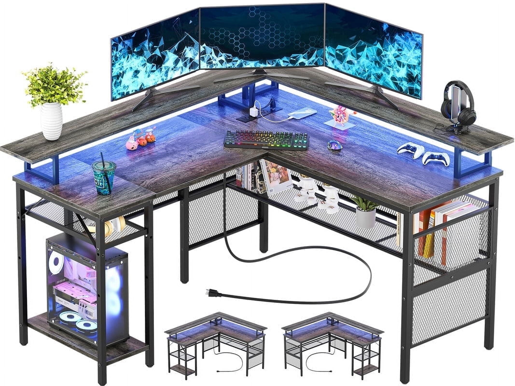 Aheaplus Reversible L Shaped Computer Desk, Corner Office Desk with Monitor Stand and Storage Shelf, Sturdy Ergonomic Gaming Table with Smart Strip Light and Power Outlets