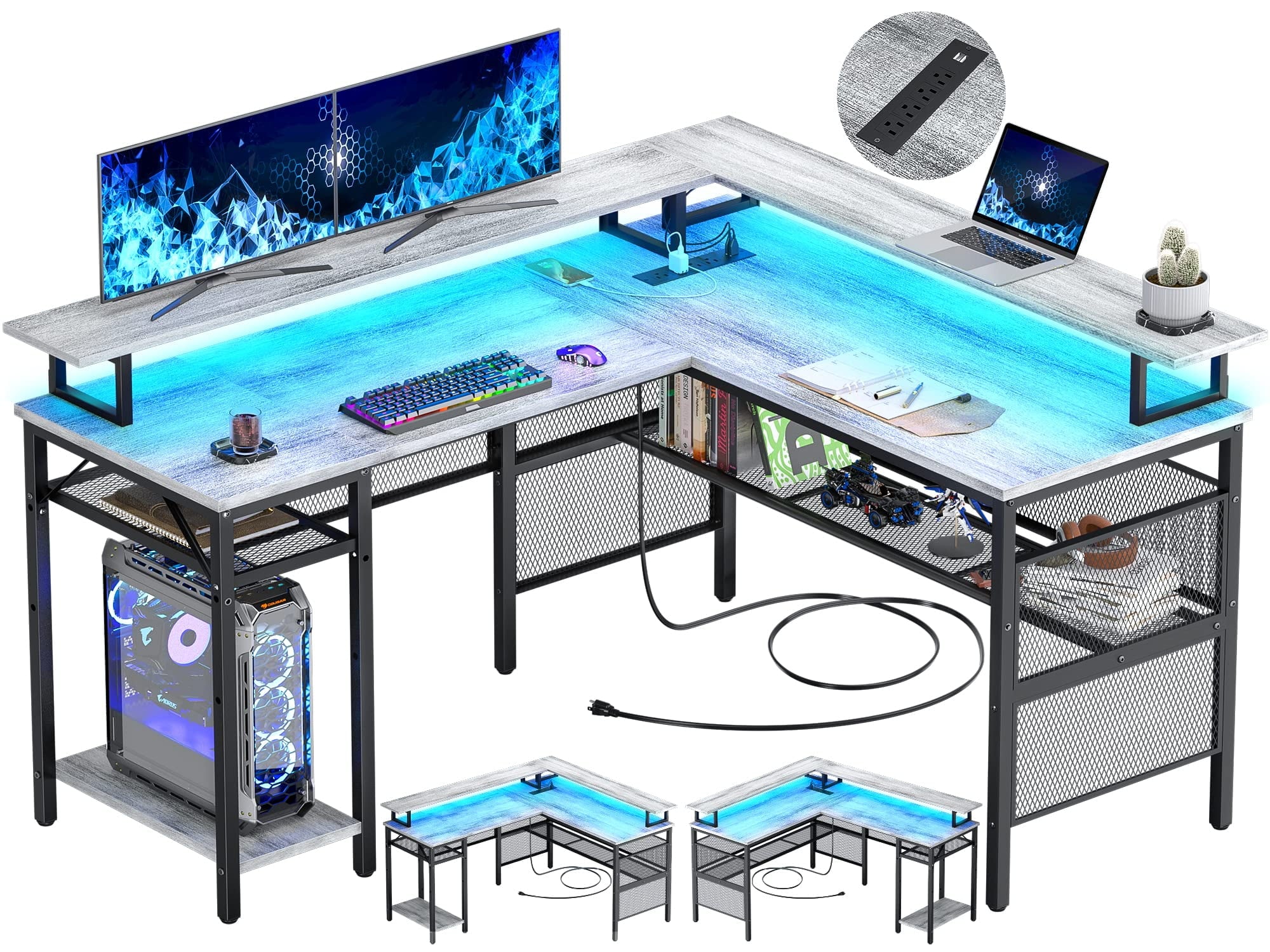 Aheaplus Reversible L Shaped Computer Desk, Corner Office Desk with Monitor Stand and Storage Shelf, Sturdy Ergonomic Gaming Table with Smart Strip Light and Power Outlets