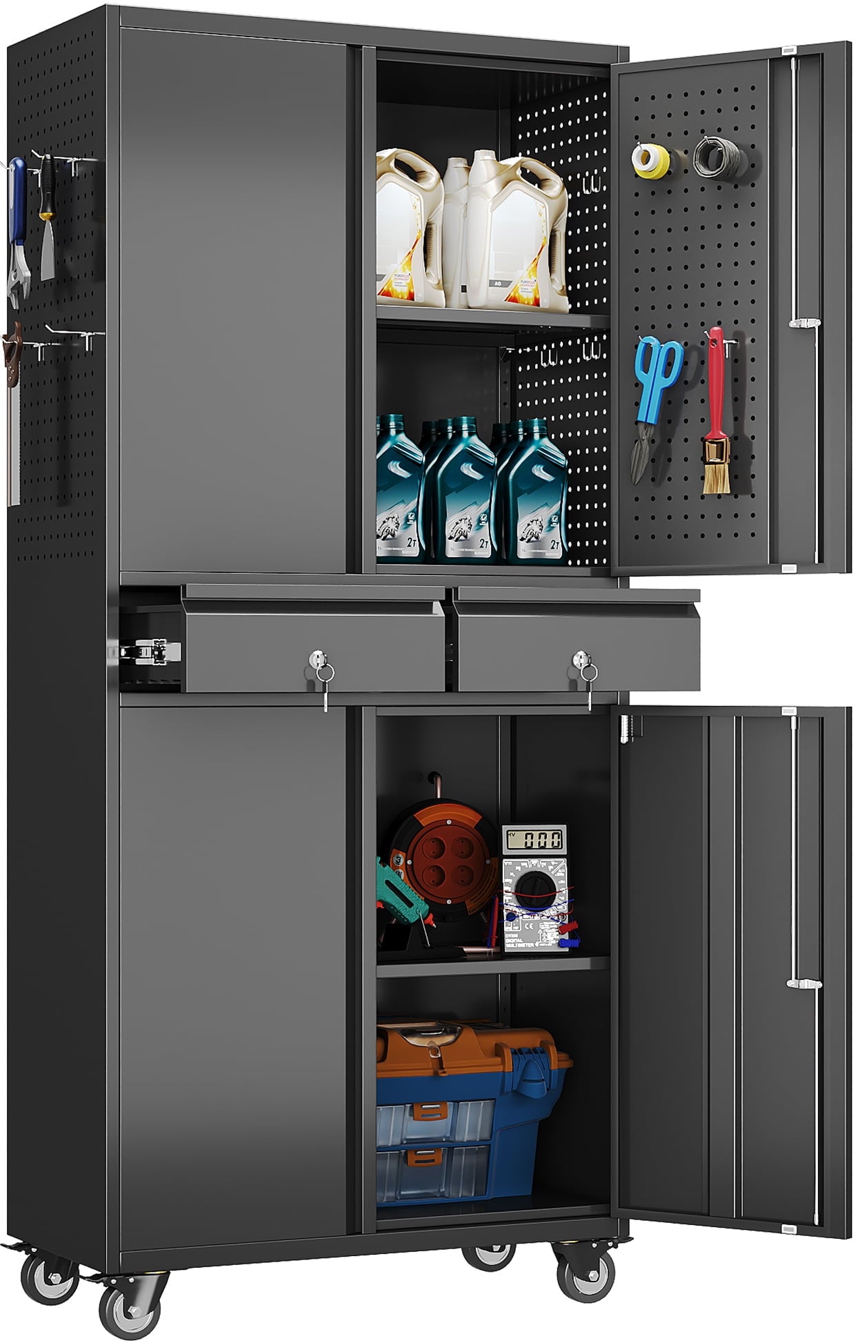 GangMei 71 Inches Tall Metal Garage Storage Cabinets with 5 Adjustable Shelves & Pegboards, Lockable Steel Black Storage Cabinet with Doors for Office, Home, School, Shops, Garage, Assembly required