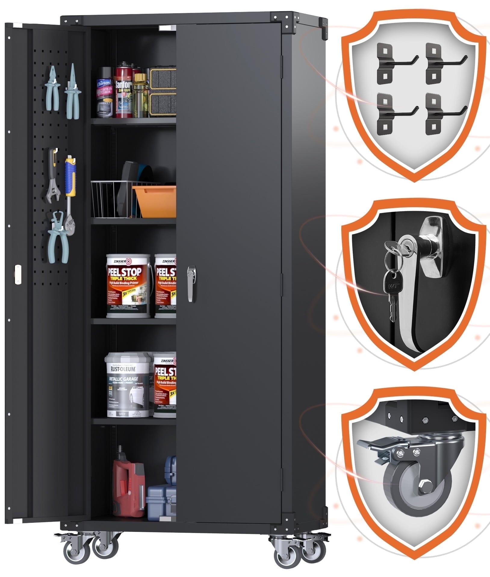 GangMei 71 Inches Tall Metal Garage Storage Cabinets with 5 Adjustable Shelves & Pegboards, Lockable Steel Black Storage Cabinet with Doors for Office, Home, School, Shops, Garage, Assembly required