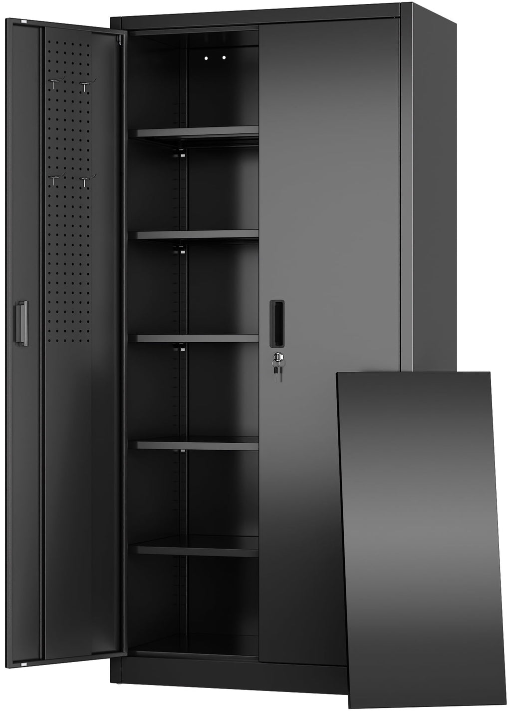 GangMei 71 Inches Tall Metal Garage Storage Cabinets with 5 Adjustable Shelves & Pegboards, Lockable Steel Black Storage Cabinet with Doors for Office, Home, School, Shops, Garage, Assembly required
