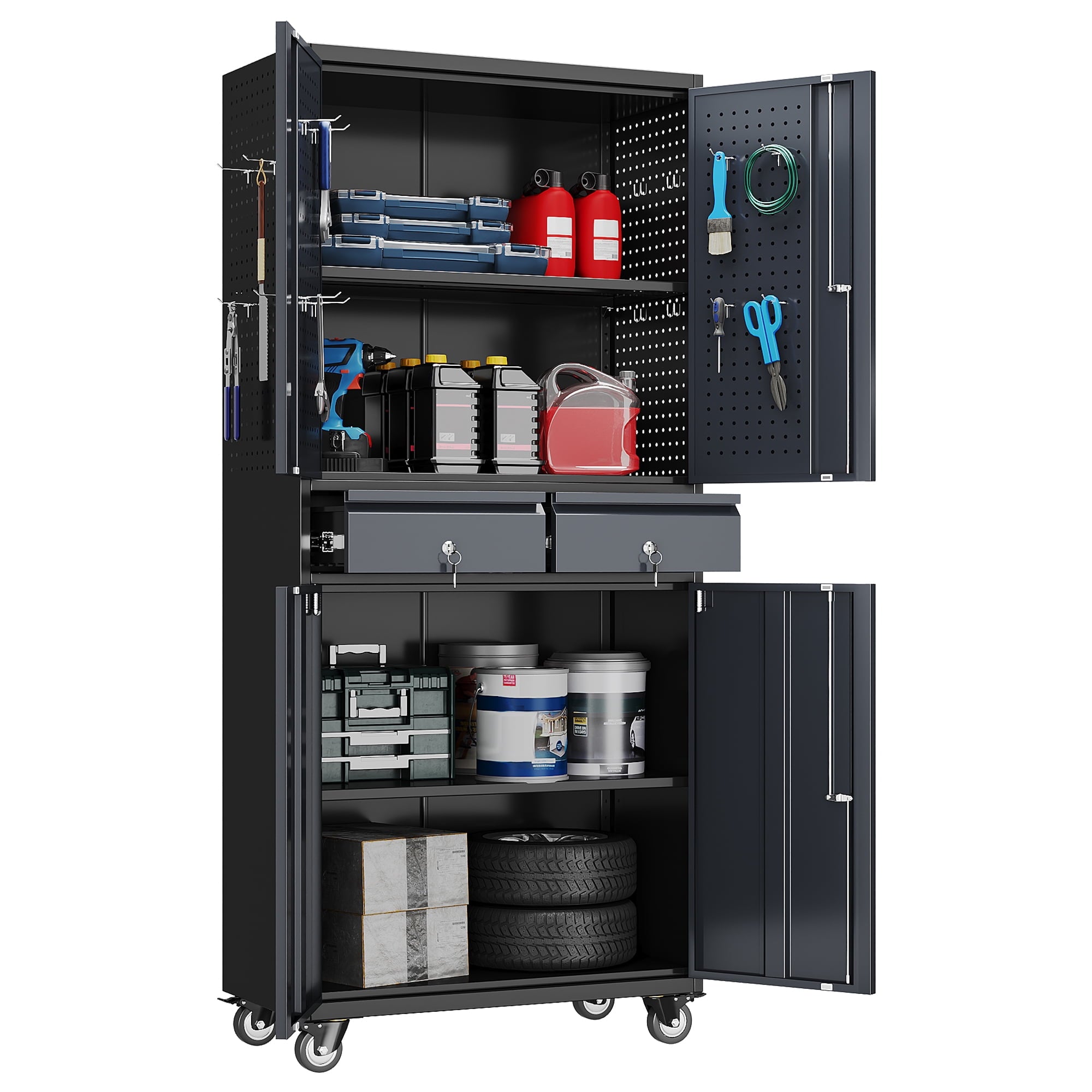 GangMei 71 Inches Tall Metal Garage Storage Cabinets with 5 Adjustable Shelves & Pegboards, Lockable Steel Black Storage Cabinet with Doors for Office, Home, School, Shops, Garage, Assembly required