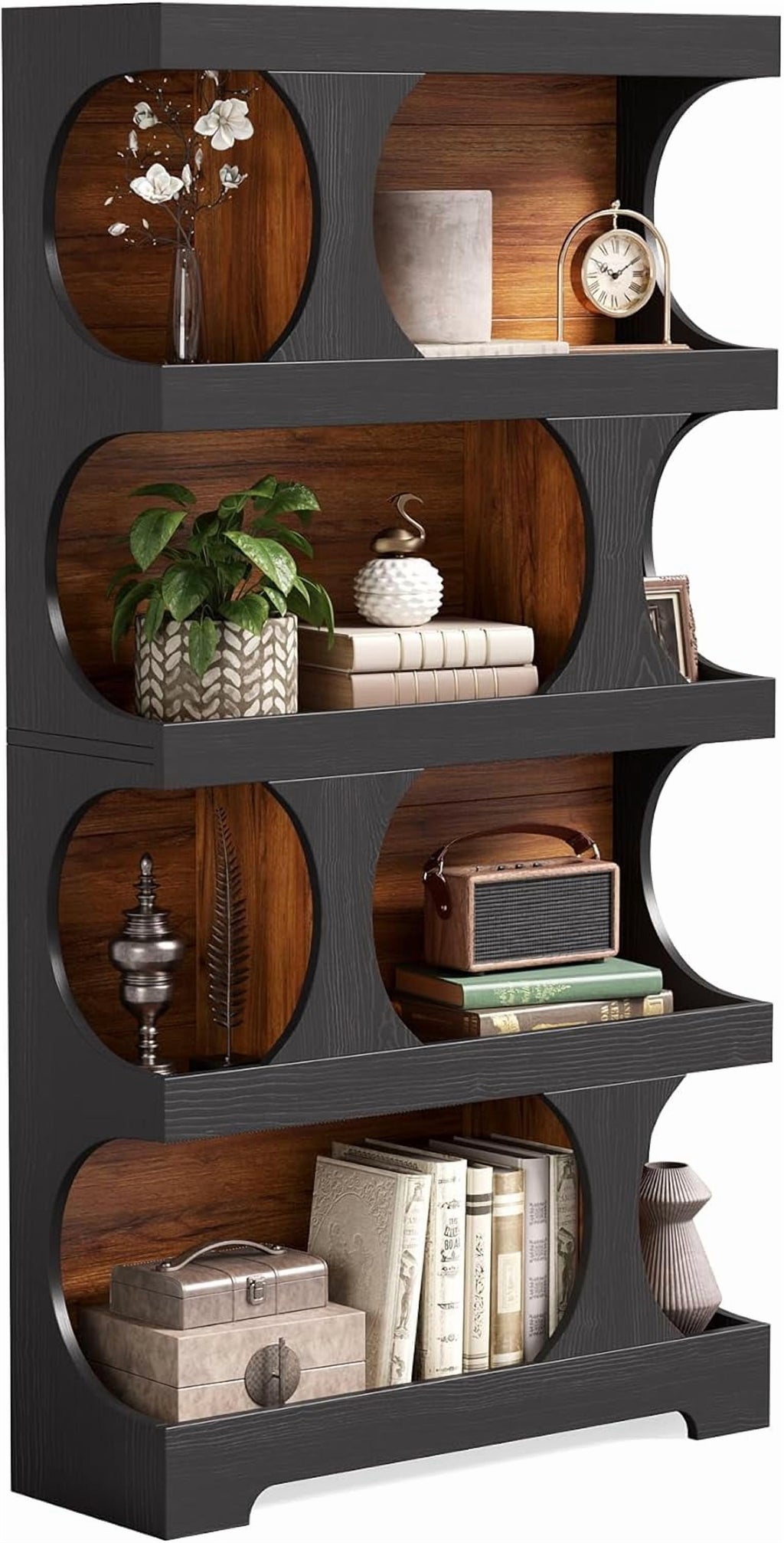 LITTLE TREE 4-Tier Large Bookshelf, 70.8-Inch Tall Bookcase with Storage Shelves, All Wooden Modern Display Rack, Black Open Book Shelf for Living Room, Bedroom, Office