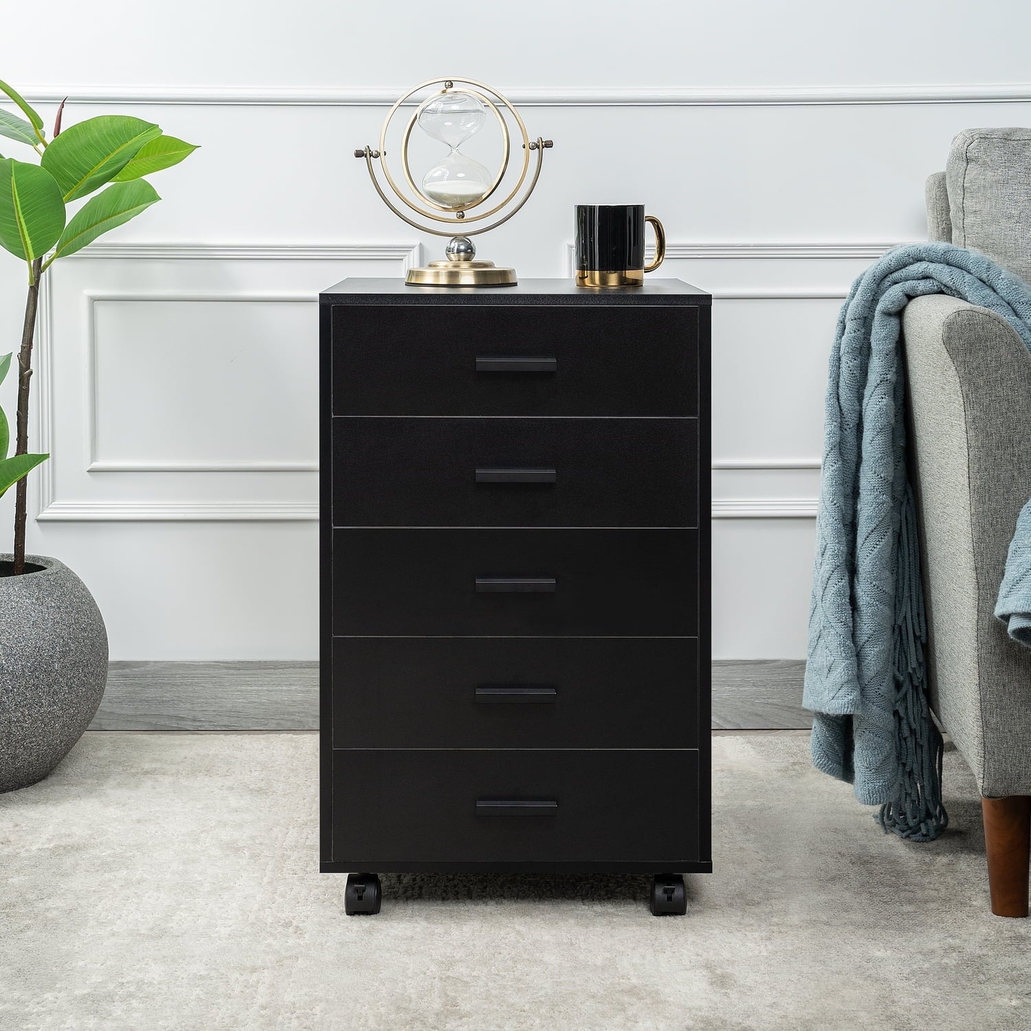 Naomi Home 5-Drawer Rolling File Cabinet with Lockable Casters, Black