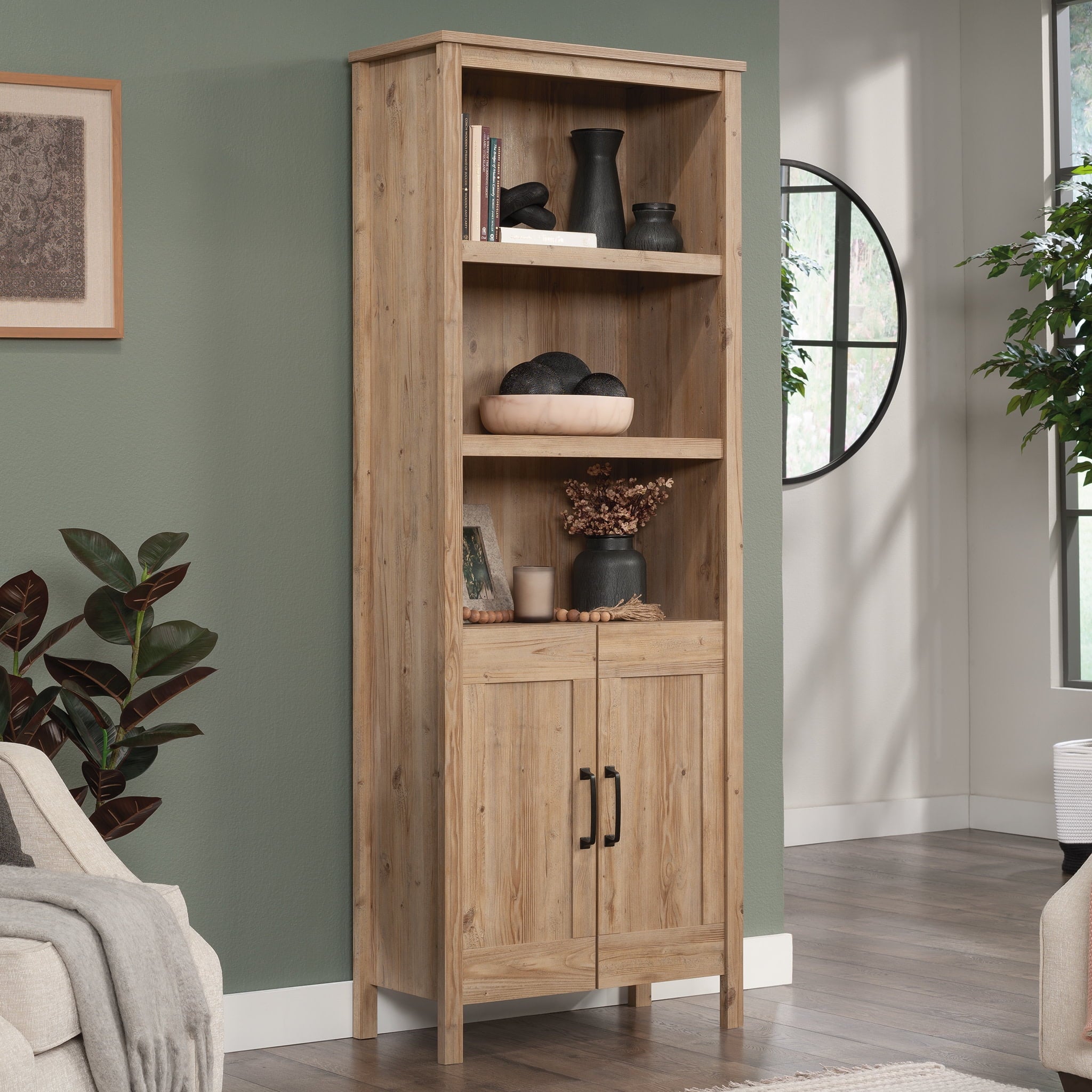 Sauder Select Engineered Wood Bookcase with Doors in Khaki Pine Finish