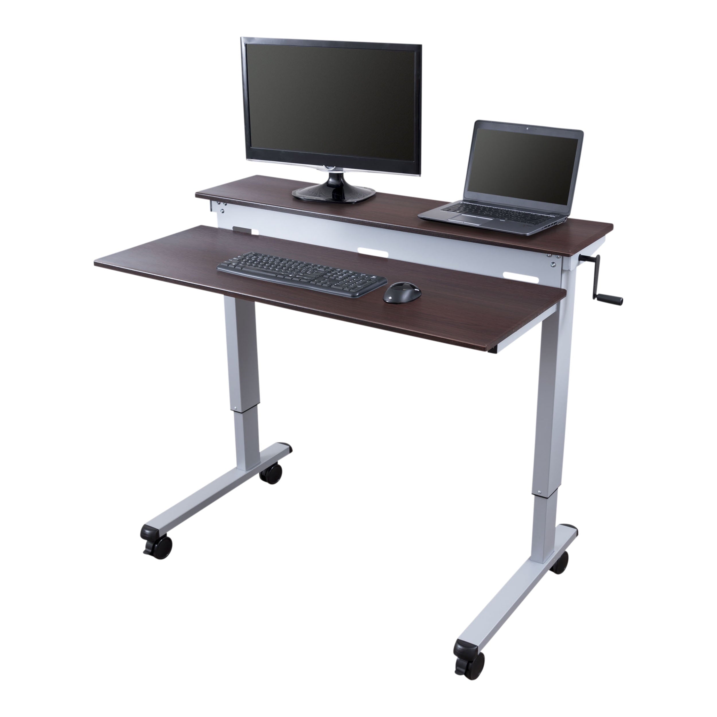 Stand Up Desk Store Crank Adjustable Two Tier Standing Desk with Heavy Duty Steel Frame (Black Frame/Teak Top, 60" Wide)