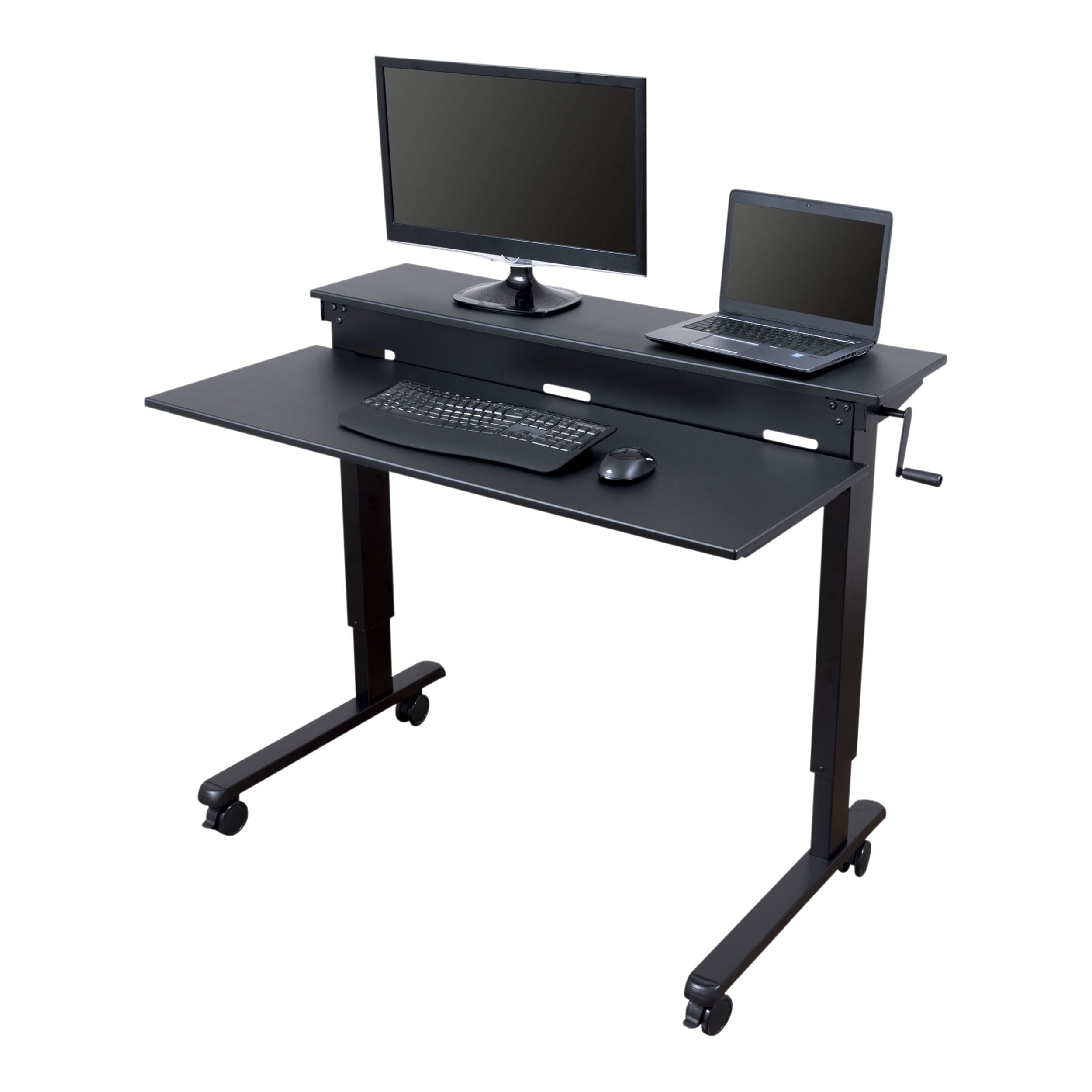 Stand Up Desk Store Crank Adjustable Two Tier Standing Desk with Heavy Duty Steel Frame (Black Frame/Teak Top, 60" Wide)