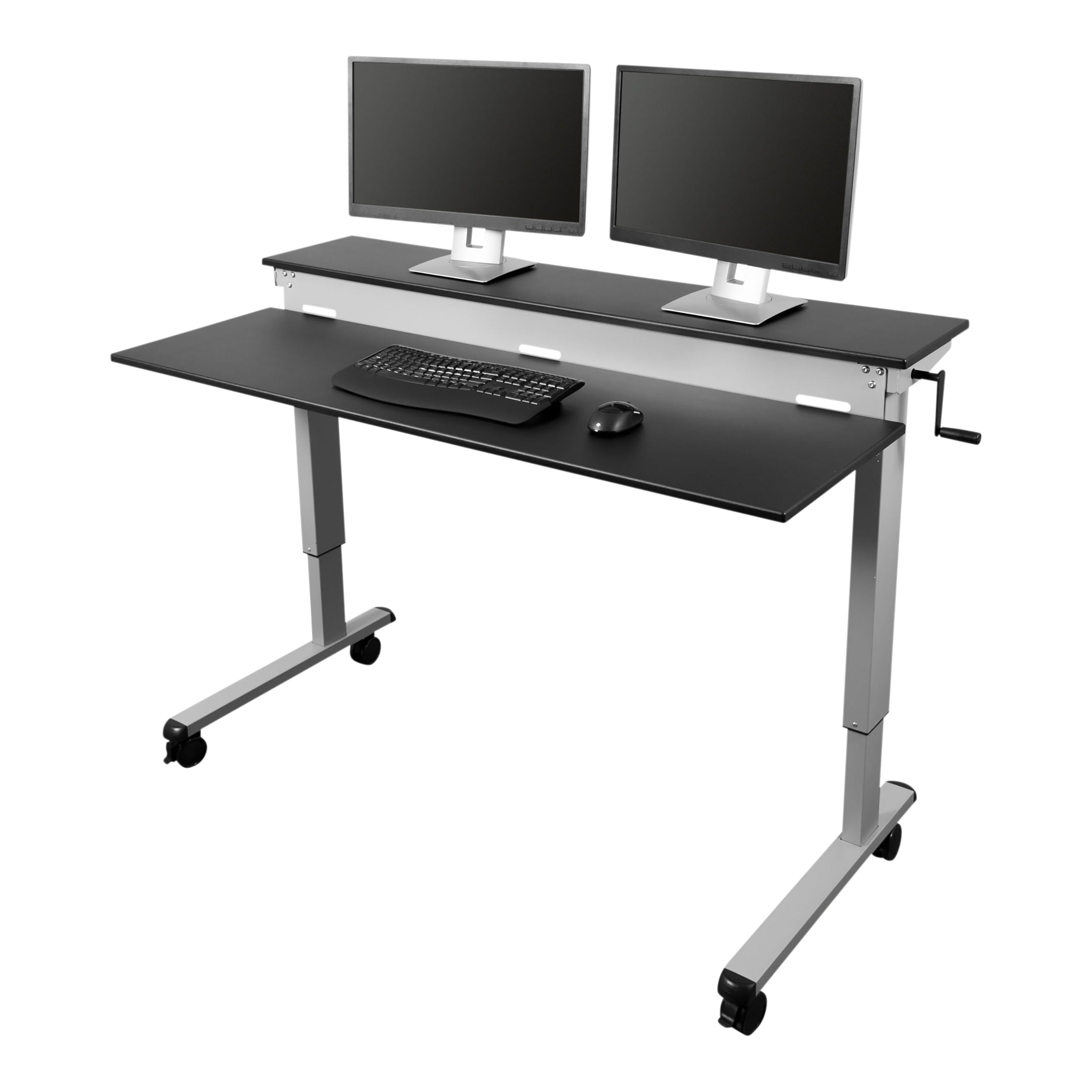 Stand Up Desk Store Crank Adjustable Two Tier Standing Desk with Heavy Duty Steel Frame (Black Frame/Teak Top, 60" Wide)