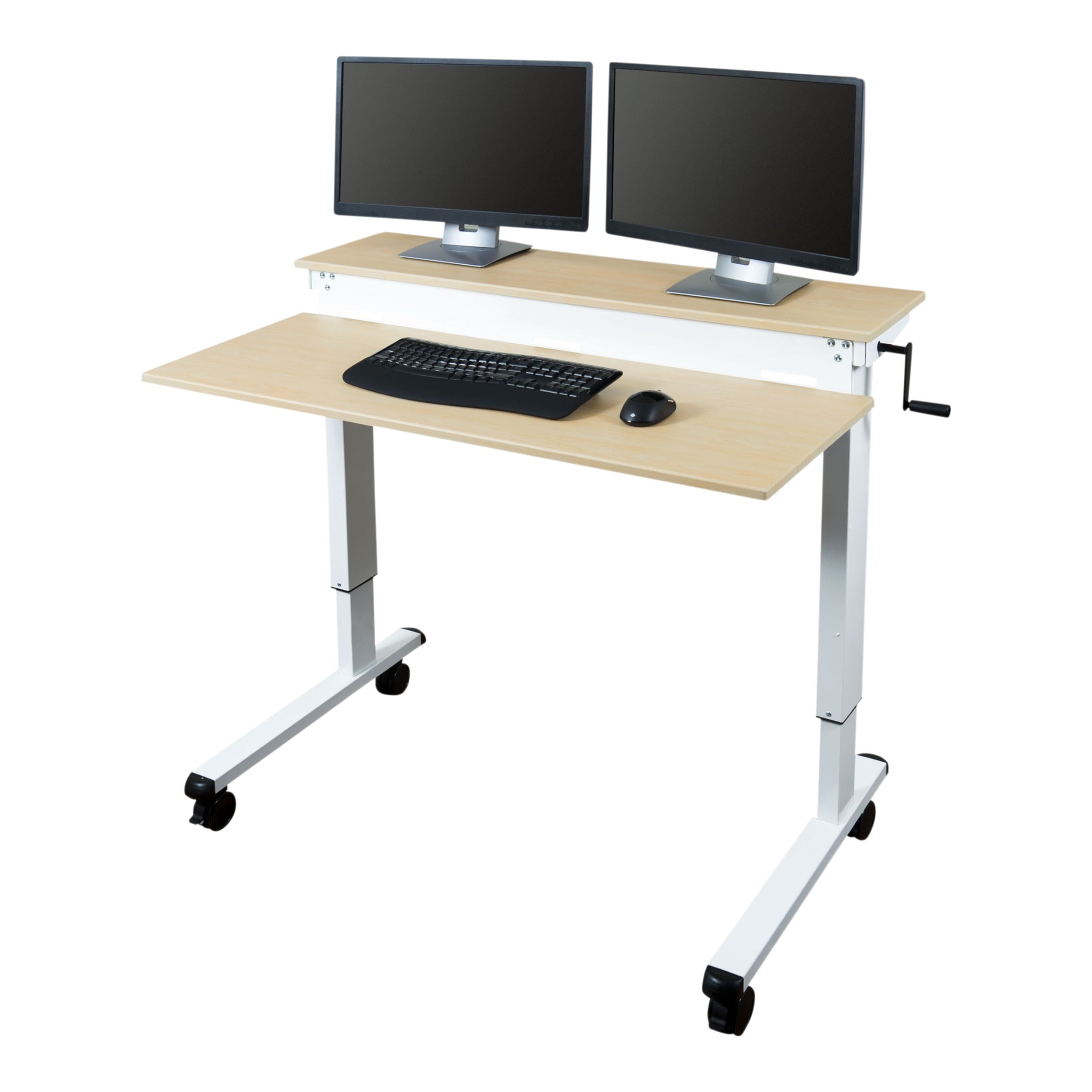 Stand Up Desk Store Crank Adjustable Two Tier Standing Desk with Heavy Duty Steel Frame (Black Frame/Teak Top, 60" Wide)