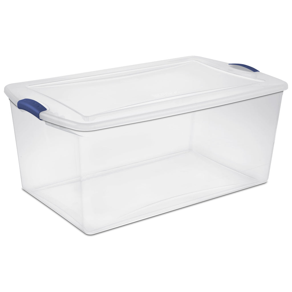 Sterilite 105 Quart Latch Box, Clear Plastic Storage Bin with Clear Lid, Blue Latch