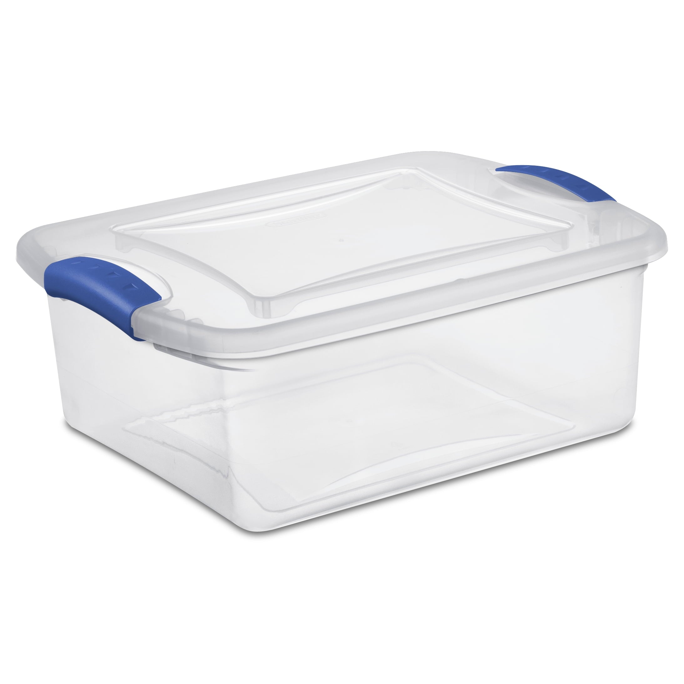 Sterilite 15 Quart Latch Box, Small Clear Plastic Storage Bin with Lid, Blue Latch