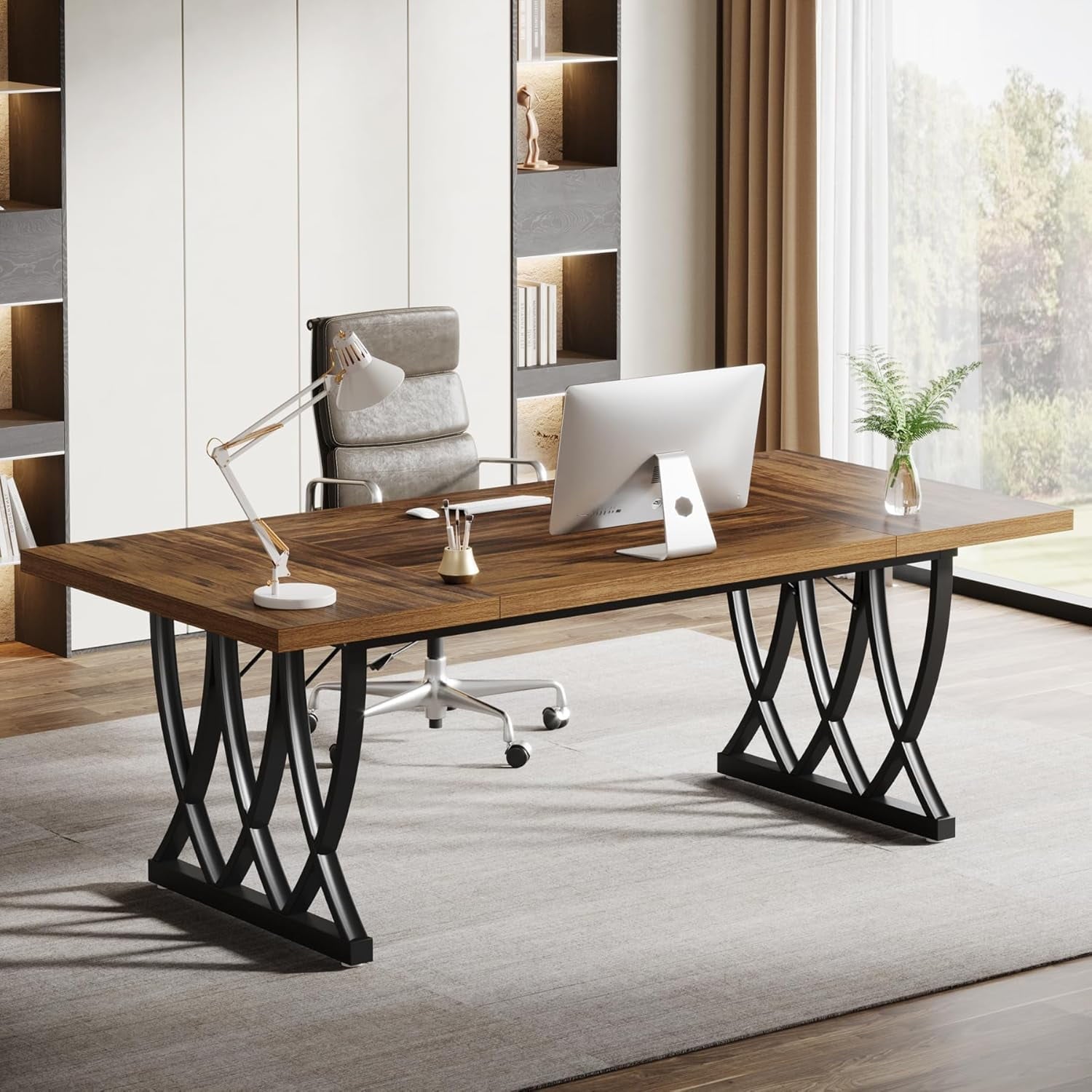 Tribesigns 70.86-Inch Executive Desk, Large Home Office Desk Computer Desk with Thick Metal Frame, Rectangle Study Writing Table Workstation for Home Office, Retro Brown & Black