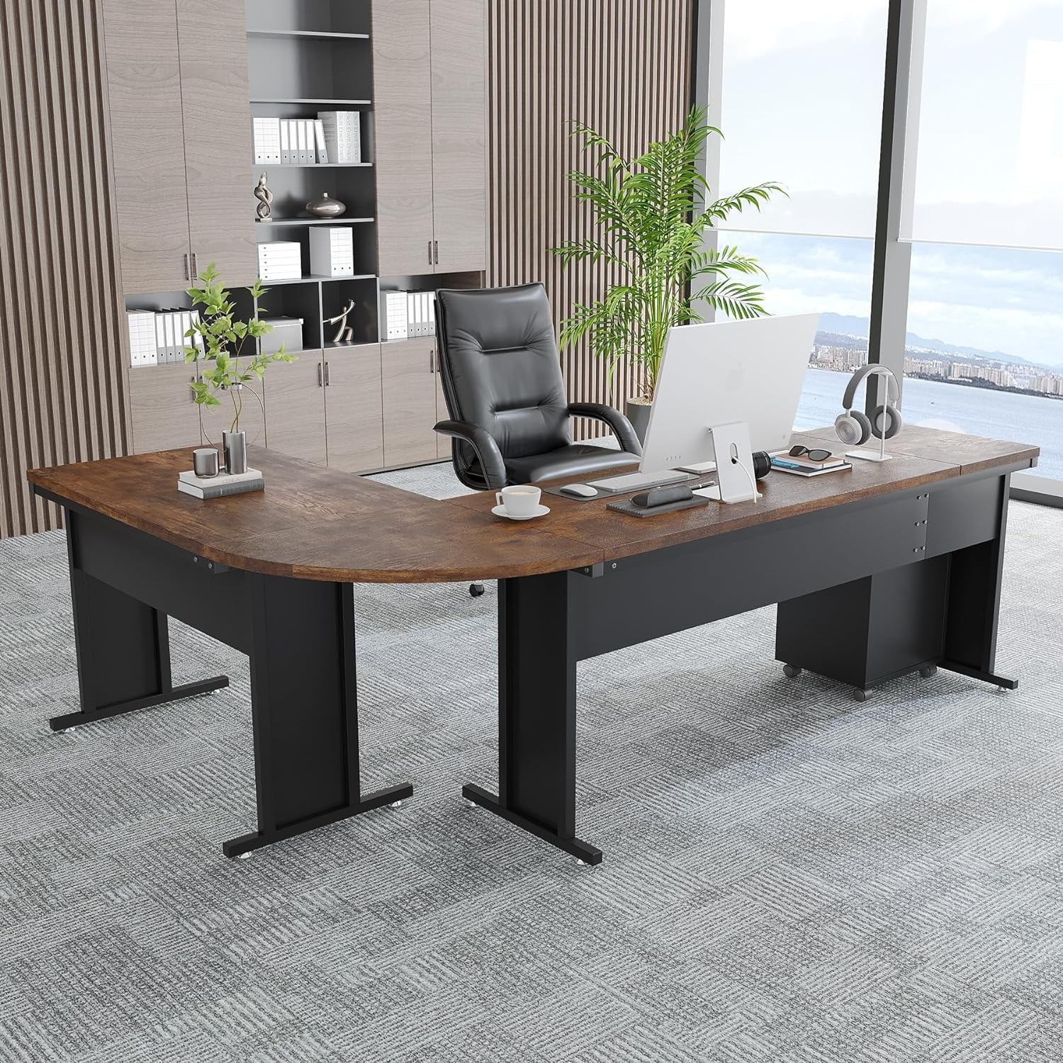 Tribesigns 83" L-Shaped Executive Desk, Large Office Desk with 3-Drawer Mobile File Cabinet, Industrial Corner Computer Desk with Storage Drawers for Home Office, Rustic Brown