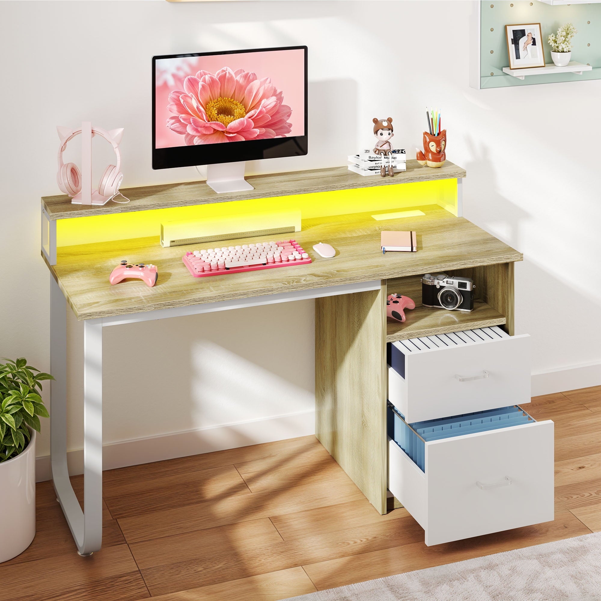 Uforic 47" Computer Desk with Storage Drawers & LED Light, Office Desk with Power Outlets, for Small Spaces, Oak