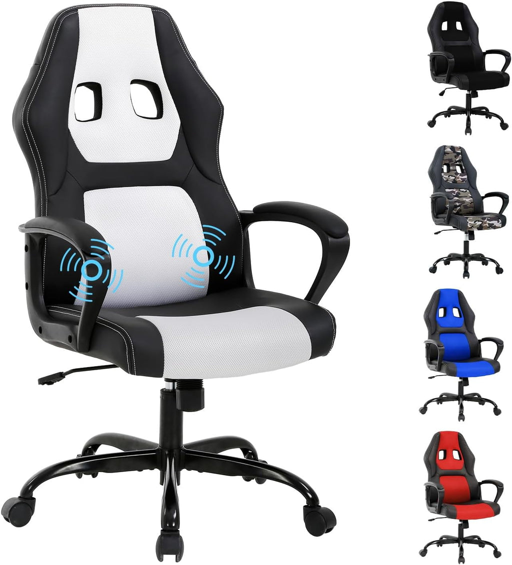 White Massage Gaming Chair for , Ergonomic Office Chair Computer Chair with Adjustable High Back & Armrest, Leather Gamer Chair with 360°Swivel, Heavy Duty Gaming Chairs for Adults, Teens