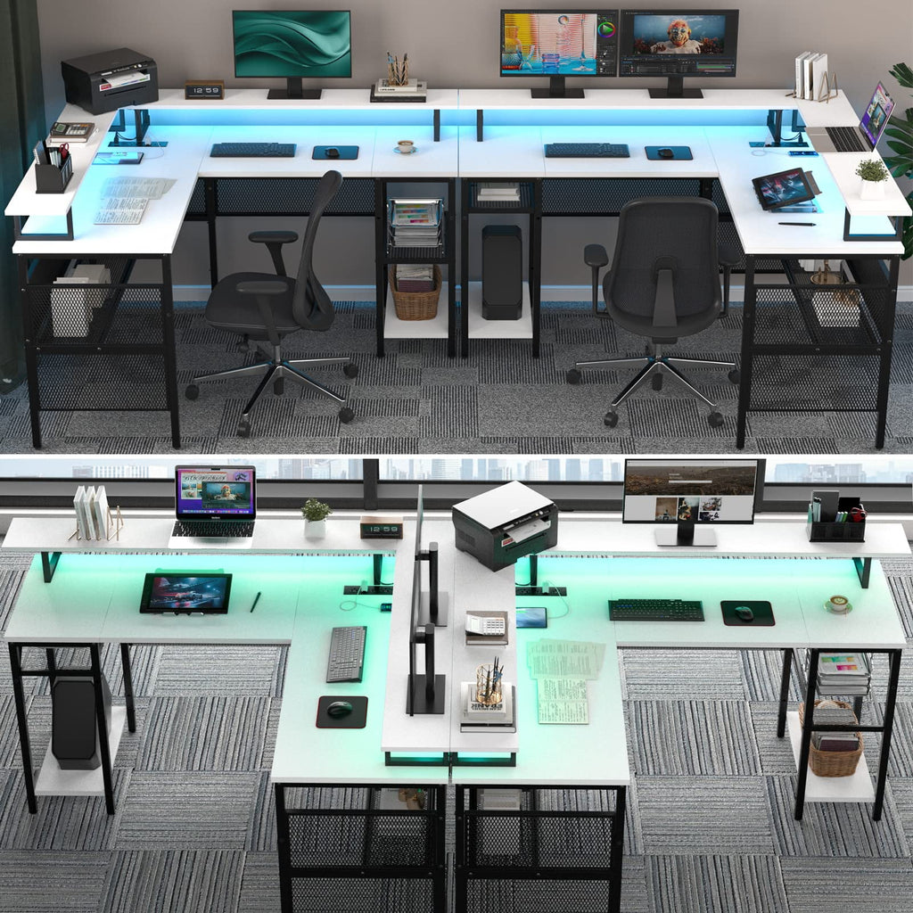 Aheaplus Reversible L Shaped Computer Desk, Corner Office Desk with Monitor Stand and Storage Shelf, Sturdy Ergonomic Gaming Table with Smart Strip Light and Power Outlets