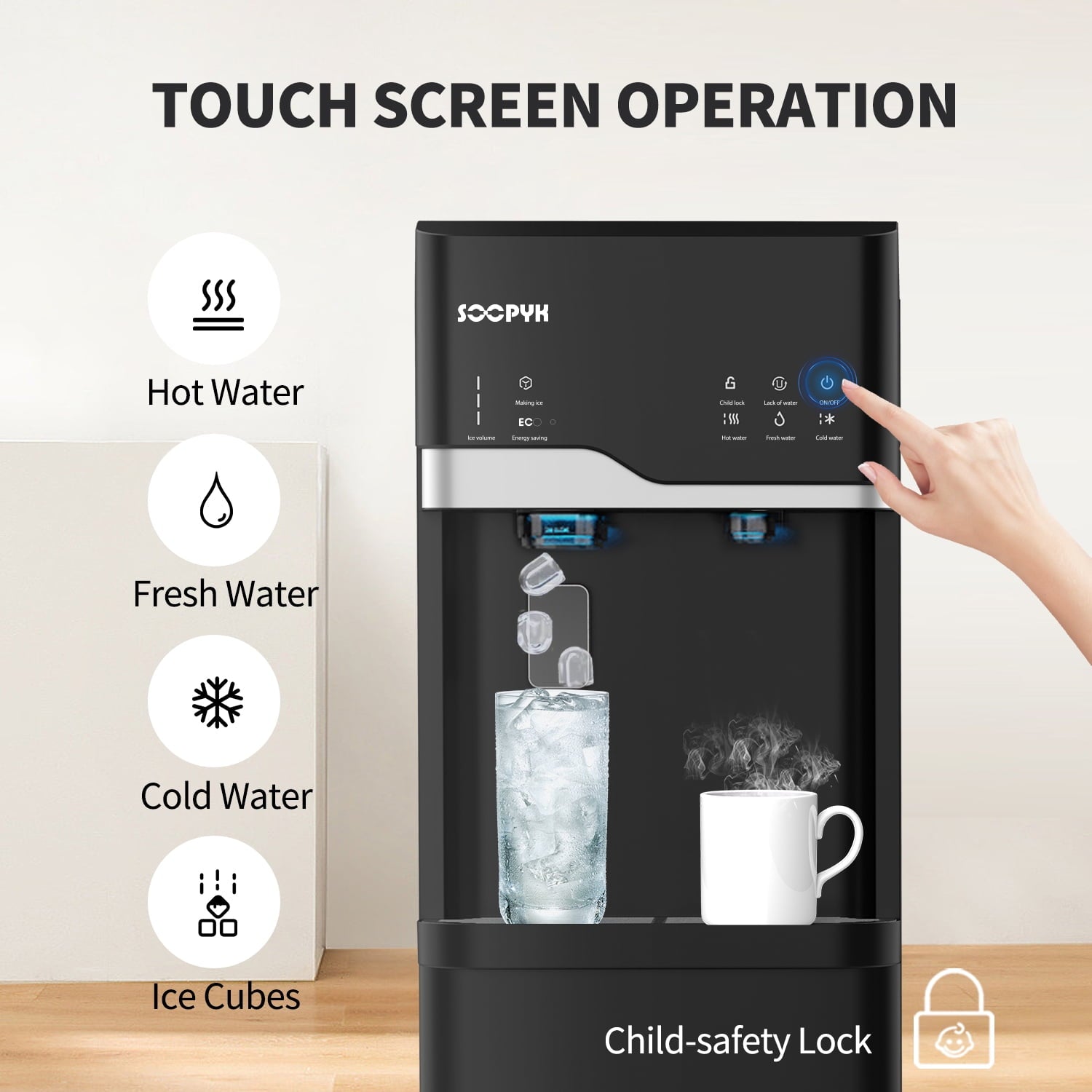 SOOPYK Self Cleaning 4 in 1 Water Cooler Dispenser with Ice Maker Bottom Load for 5 Gallon 3 Temperature Settings 22lbs Daily Capacity Black