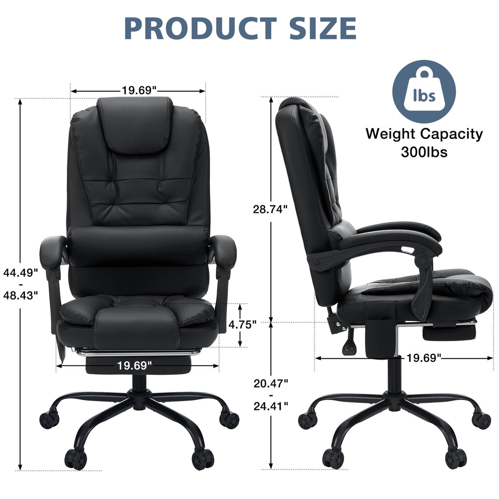 Hoffree Executive Office Chair Massage High Back Leather Office Chair with Footrest Reclining Computer Desk Chair Lumbar Back Support Swivel Rolling for Home Office Black