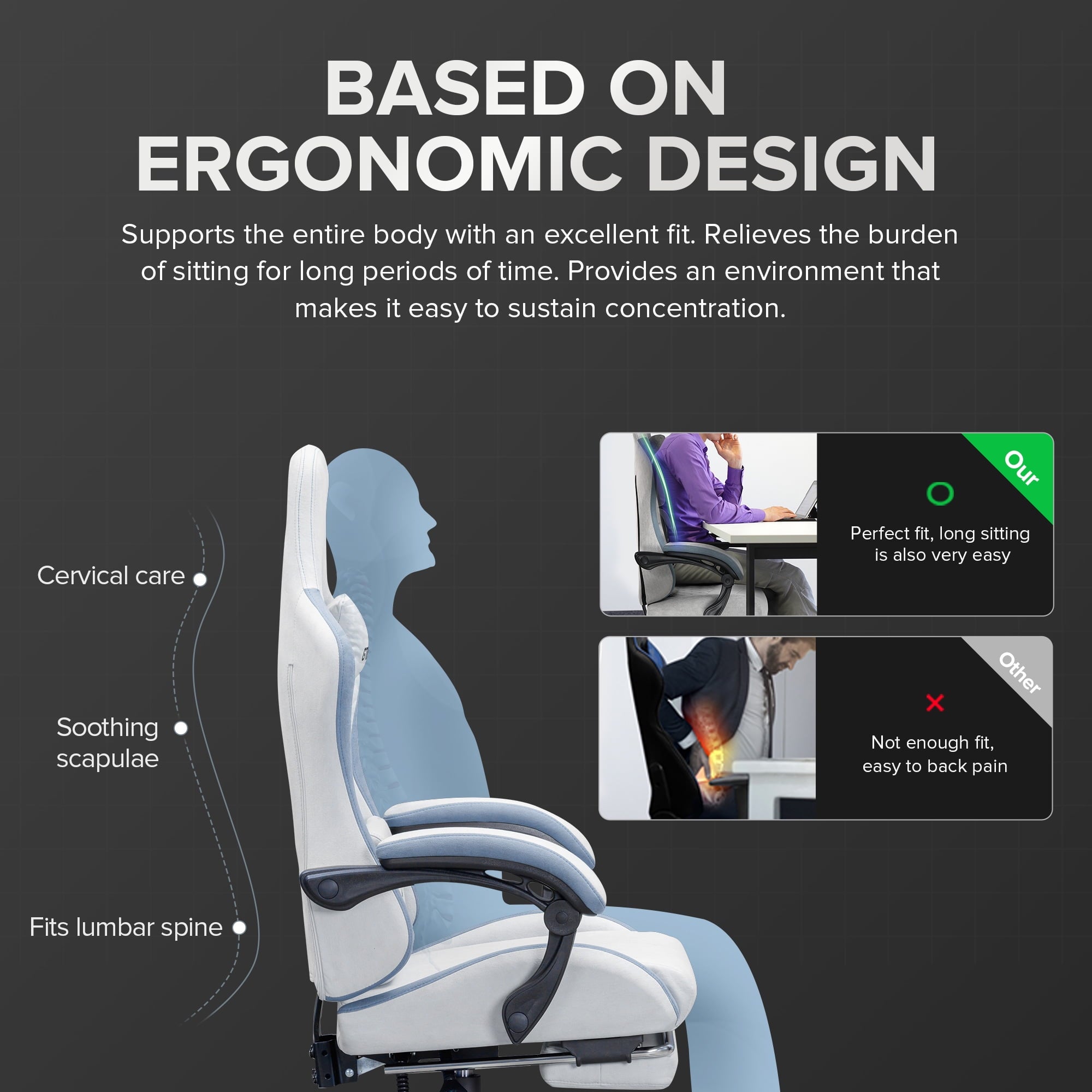 GTRACING GTW-300 Ergonomic Adjustable Height Reclining Fabric Gaming Chair , Gray/Blue