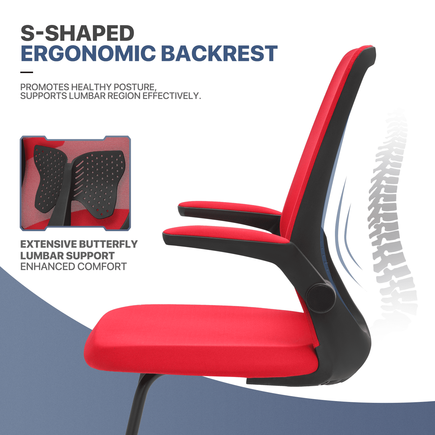 MoNiBloom Set of 2 Ergonomic Office Chair, Mesh Reception Seat with Lumbar Support & Flip-Up Arms for Waiting Room, Red