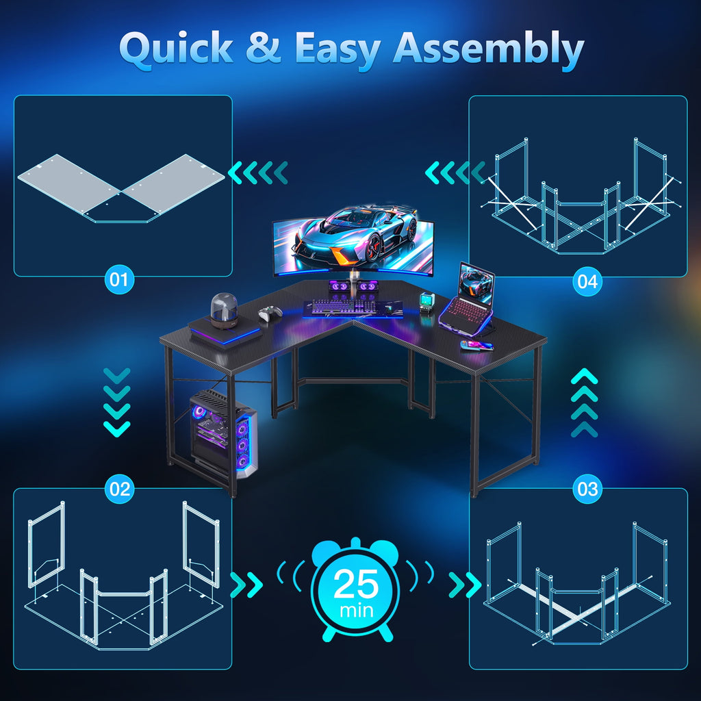 Casacomoda Computer Desk L Shaped, 51” Reversible L Shaped Computer Desk with Monitor Stand, Home Office Desk, Carbon Fiber Black