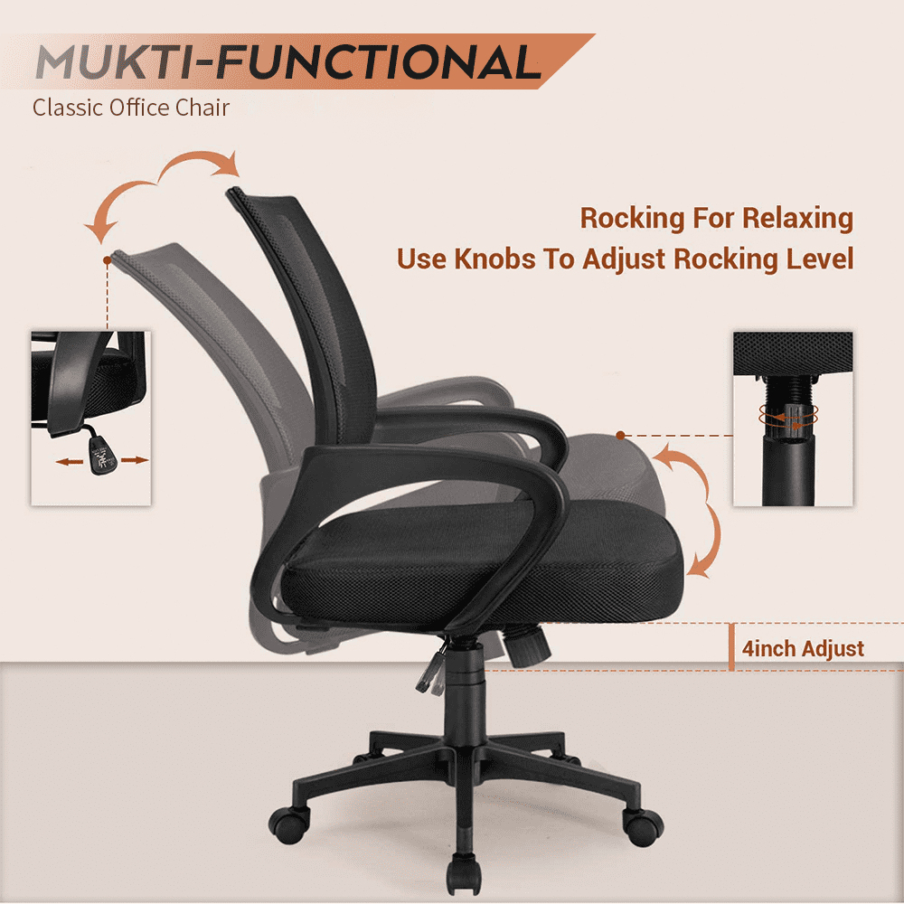 Lacoo Adjustable Mid Back Office Chair Mesh Swivel Desk Chair with Armrests, Black