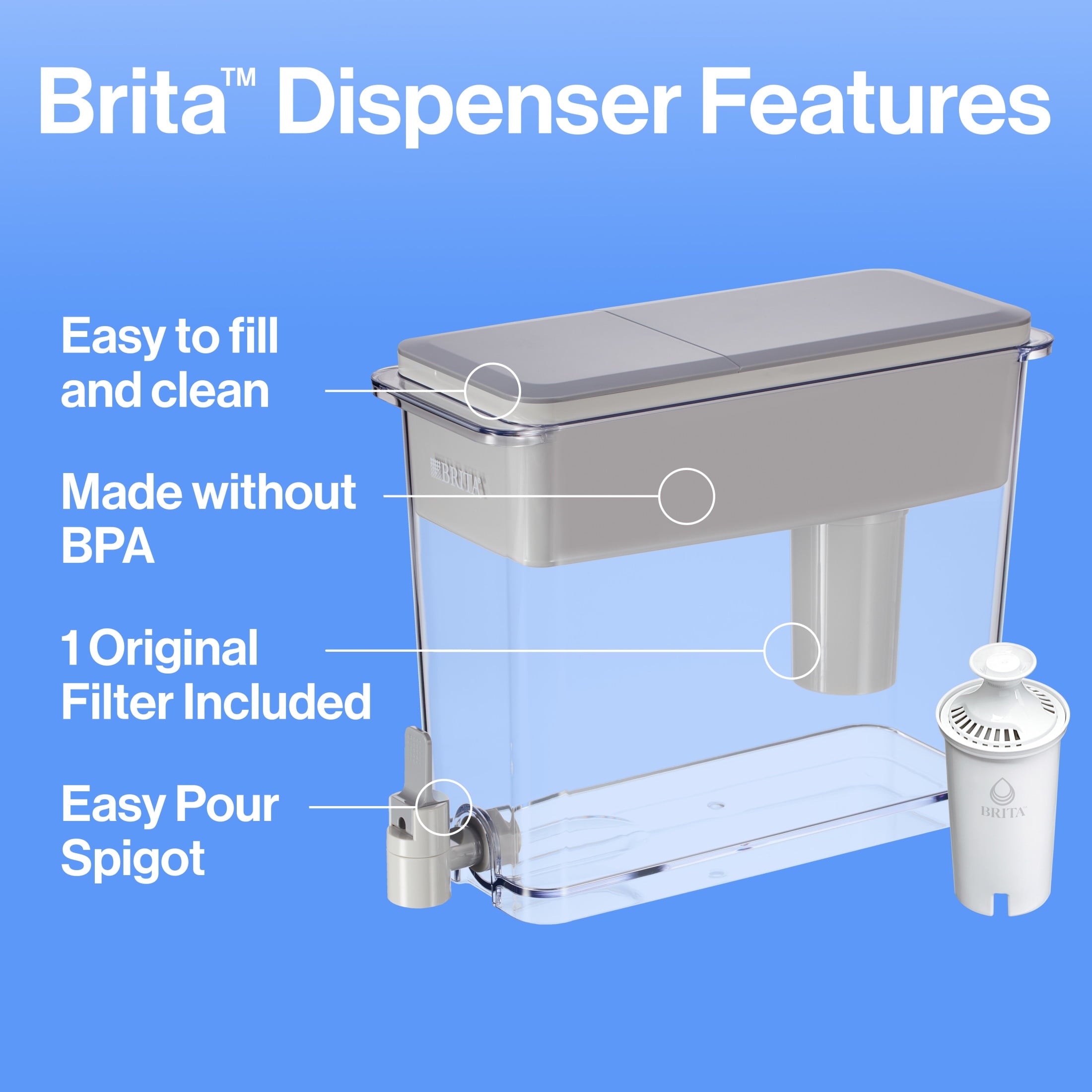 Brita Extra Large Ultramax 27 Cup Grey Filtered Water Dispenser with 1 Standard Filter